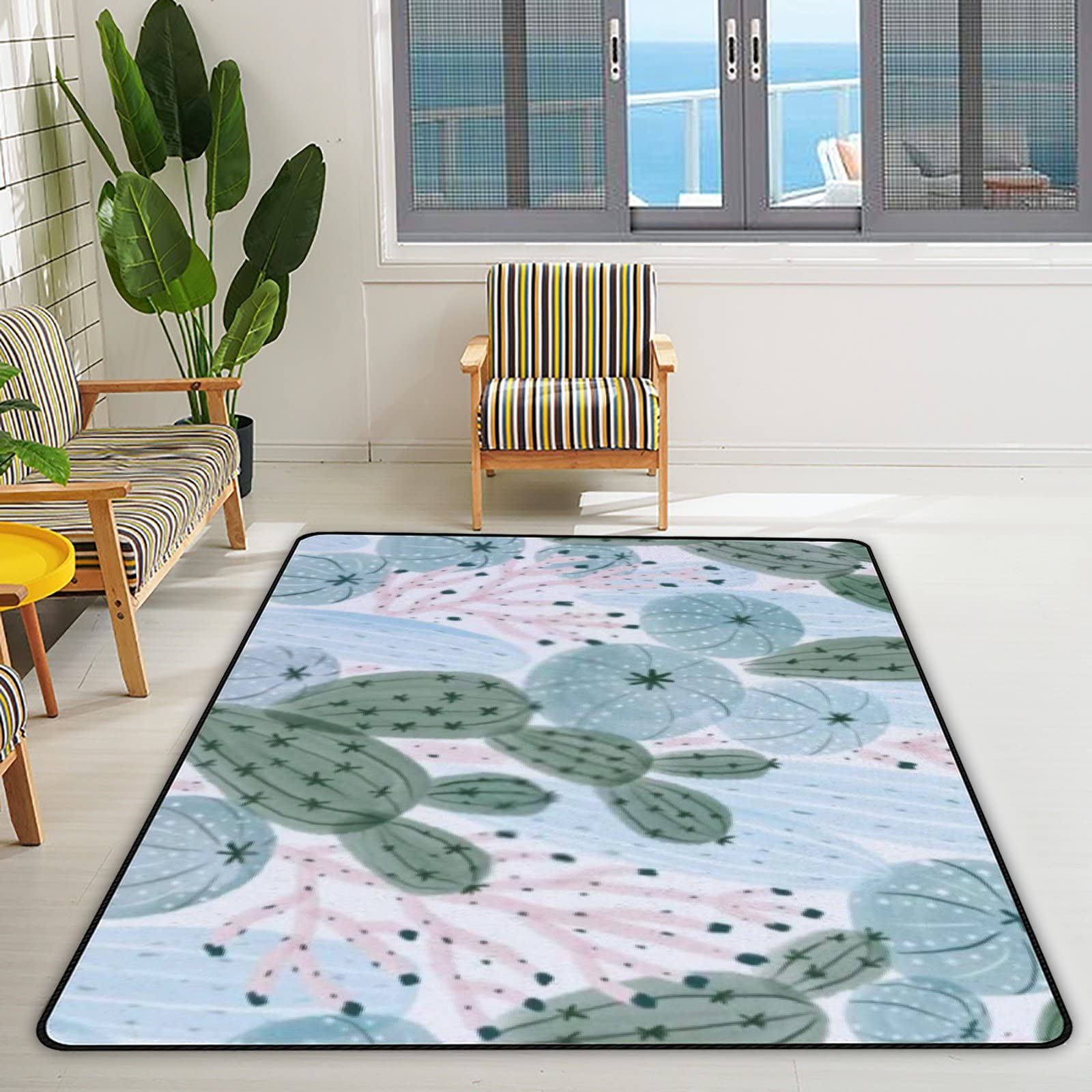 Watercolor Cactus Area Rugs - Soft Non-Slip Large Indoor Floor Mat (60x39in) for Bedroom, Living Room, Nursery, Dorm & Office Decor | Home Decor Runner Rug for Kids & Adults
