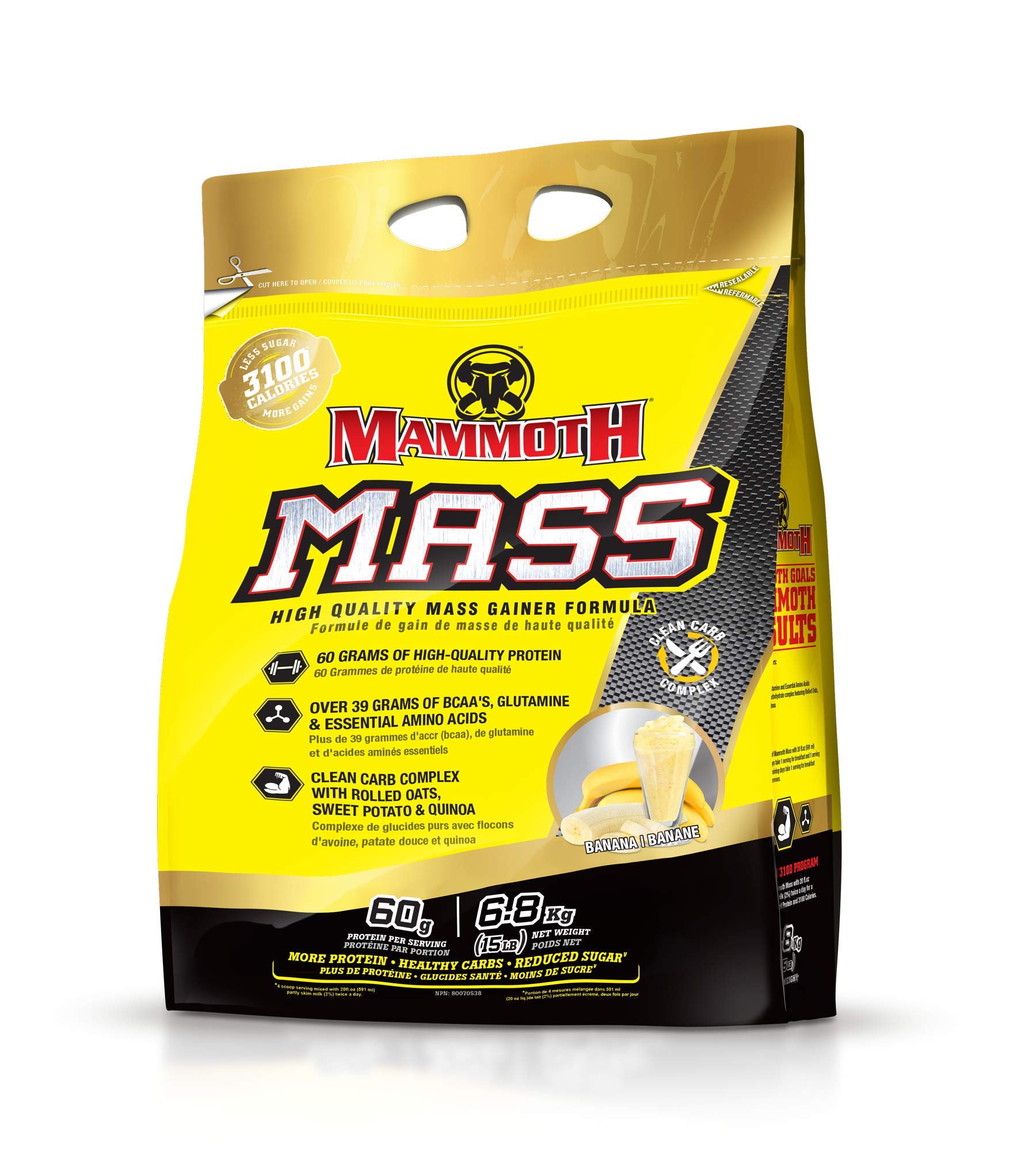 Mammoth Mass Weight Gainer Protein Powder - 15lb High Calorie Muscle Building Shake with Whey Isolate & Casein, Low Sugar Meal Replacement for Weight Training & Bodybuilding - Banana Flavor | Perfect for Post-Workout Recovery & Bulking Season Nutrition