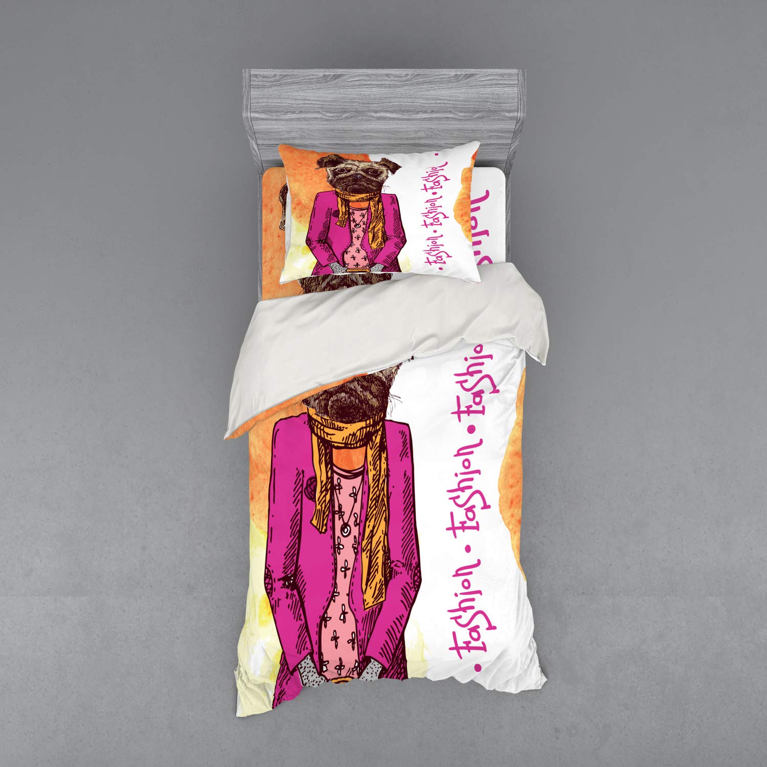 Ambesonne Pug Duvet Cover Set - 3 Piece Dog Themed Bedding with Sham & Fitted Sheet, Twin Size Hot Pink Amber - Cute Fashion Dog Print with Accessories for Kids & Teens Bedroom Decor