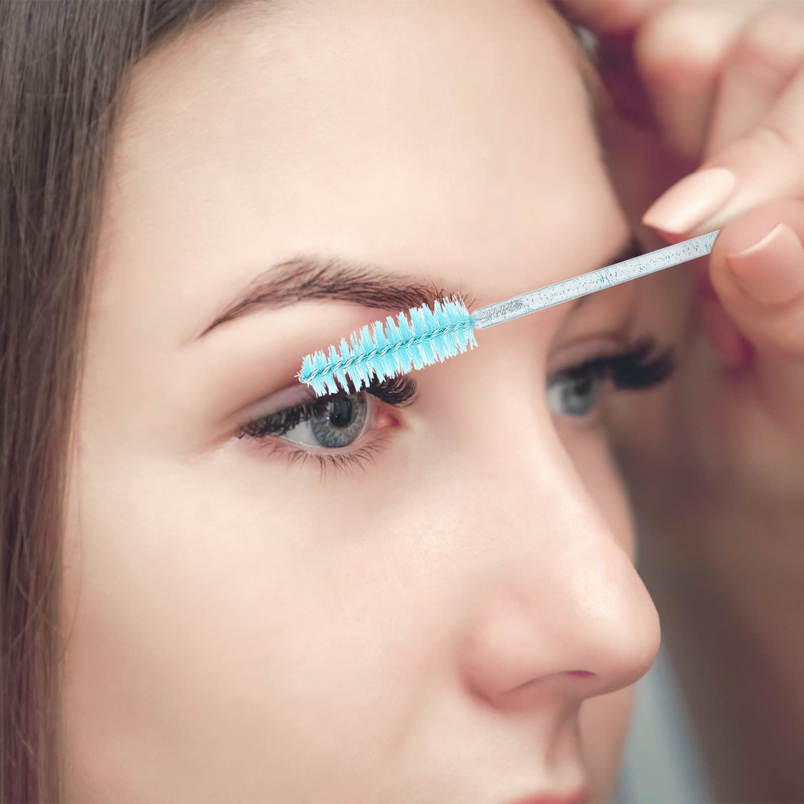 100PCS Disposable Eyelash Brushes & Mascara Wands with Storage Container - Bendable Eyebrow Spoolies for Lash Extensions, Castor Oil Application & Makeup - Perfect for Salons, DIY Beauty & Professional Use (Crystal Blue)