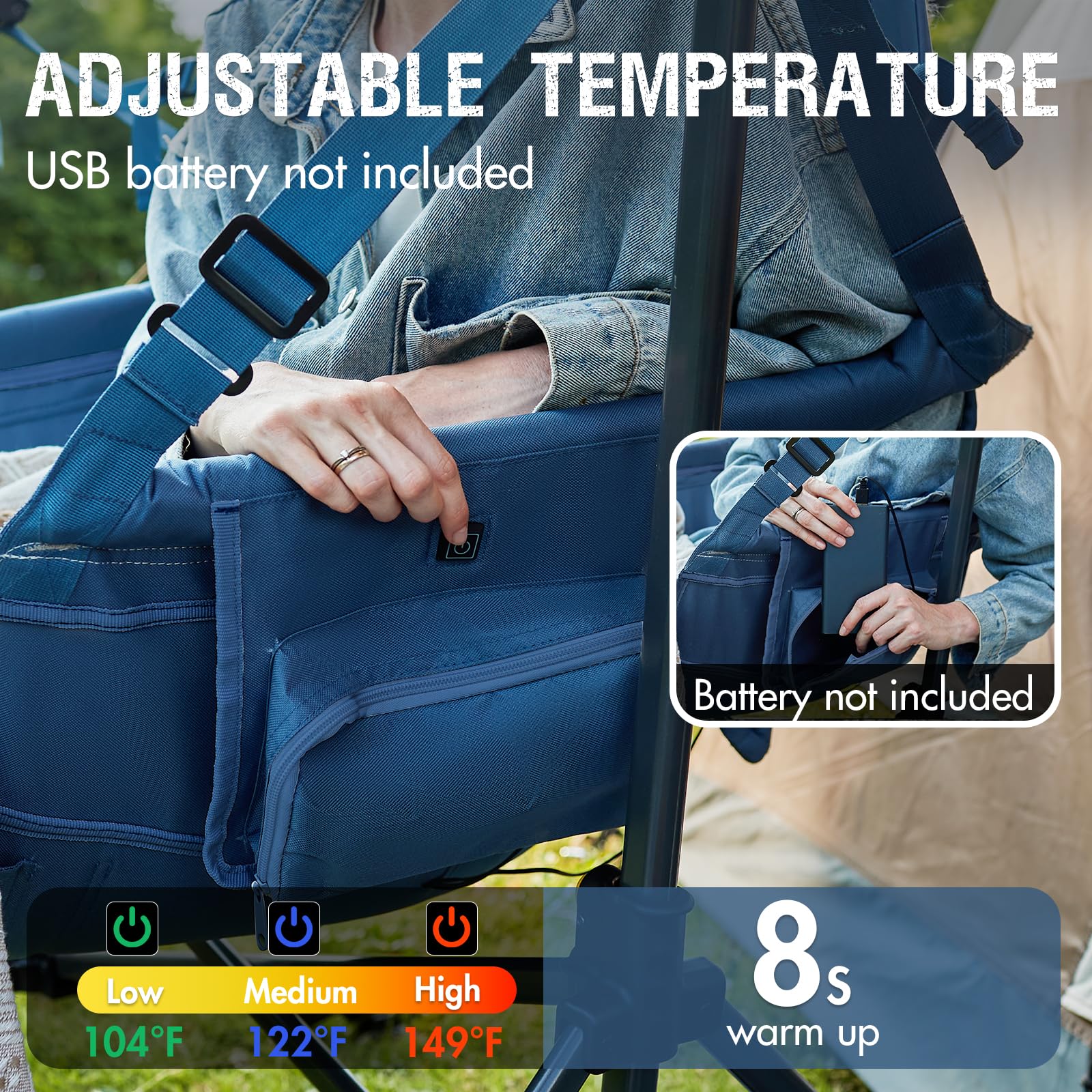 PORTAL Heated Hammock Camping Chair - Adjustable Outdoor Swinging Rocking Chair for Adults with Back Support & Height Adjustment - 400 lbs Weight Capacity - Perfect for Backyard, Patio, Beach & Camping (Blue)