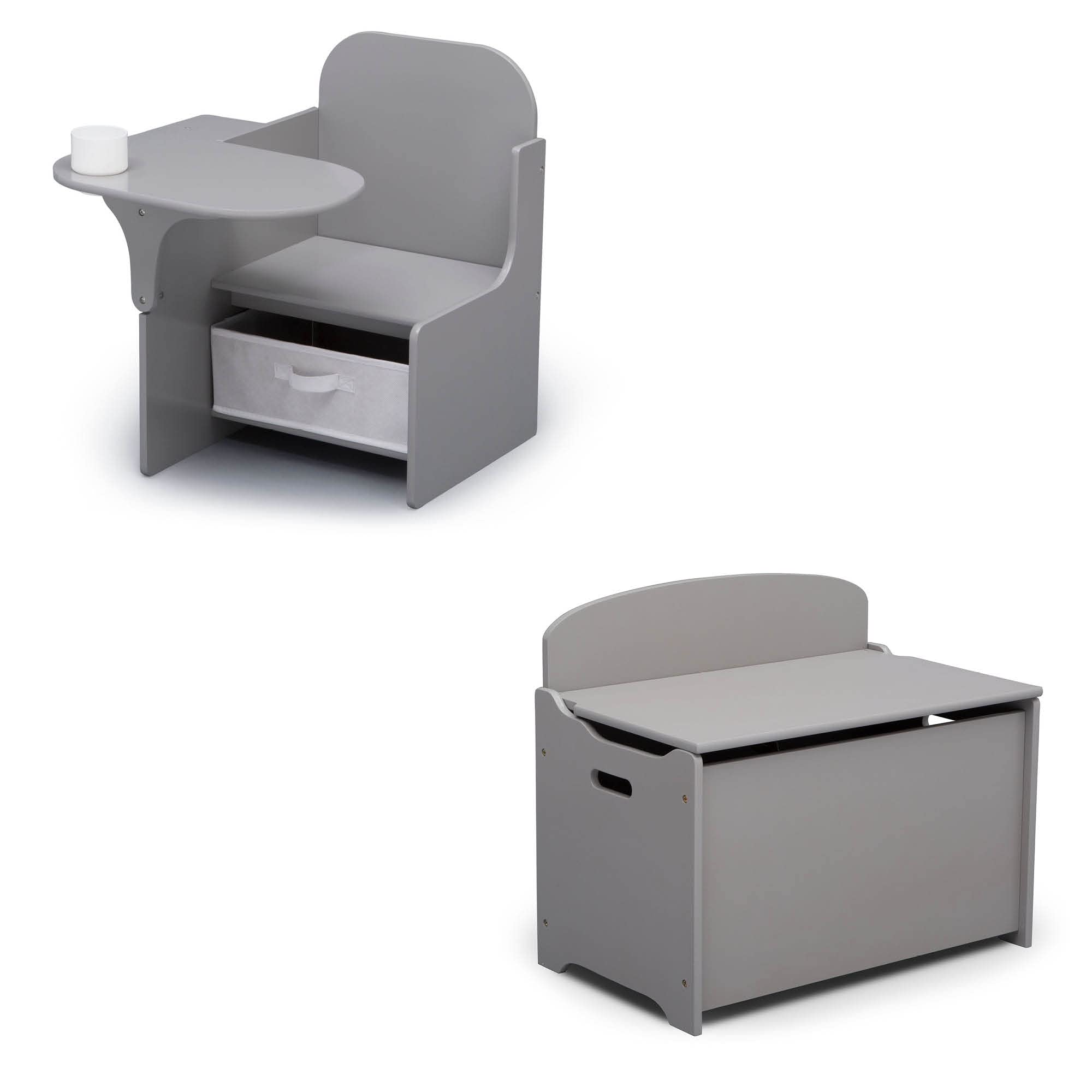 Delta Children MySize Chair Desk with Storage Bin & Deluxe Toy Box Set - Grey | Kids Study & Play Furniture for Bedroom, Nursery, or Playroom