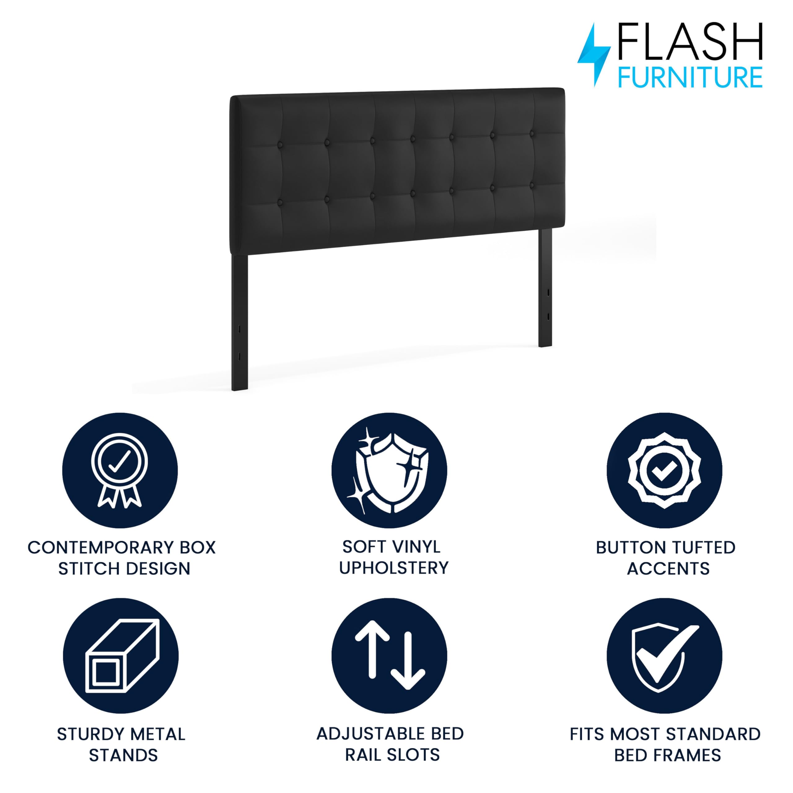 Flash Furniture Lennox Tufted Upholstered Queen Size Headboard - Adjustable Height Contemporary Vinyl Headboard in Black - Perfect for Modern Bedrooms & Guest Rooms