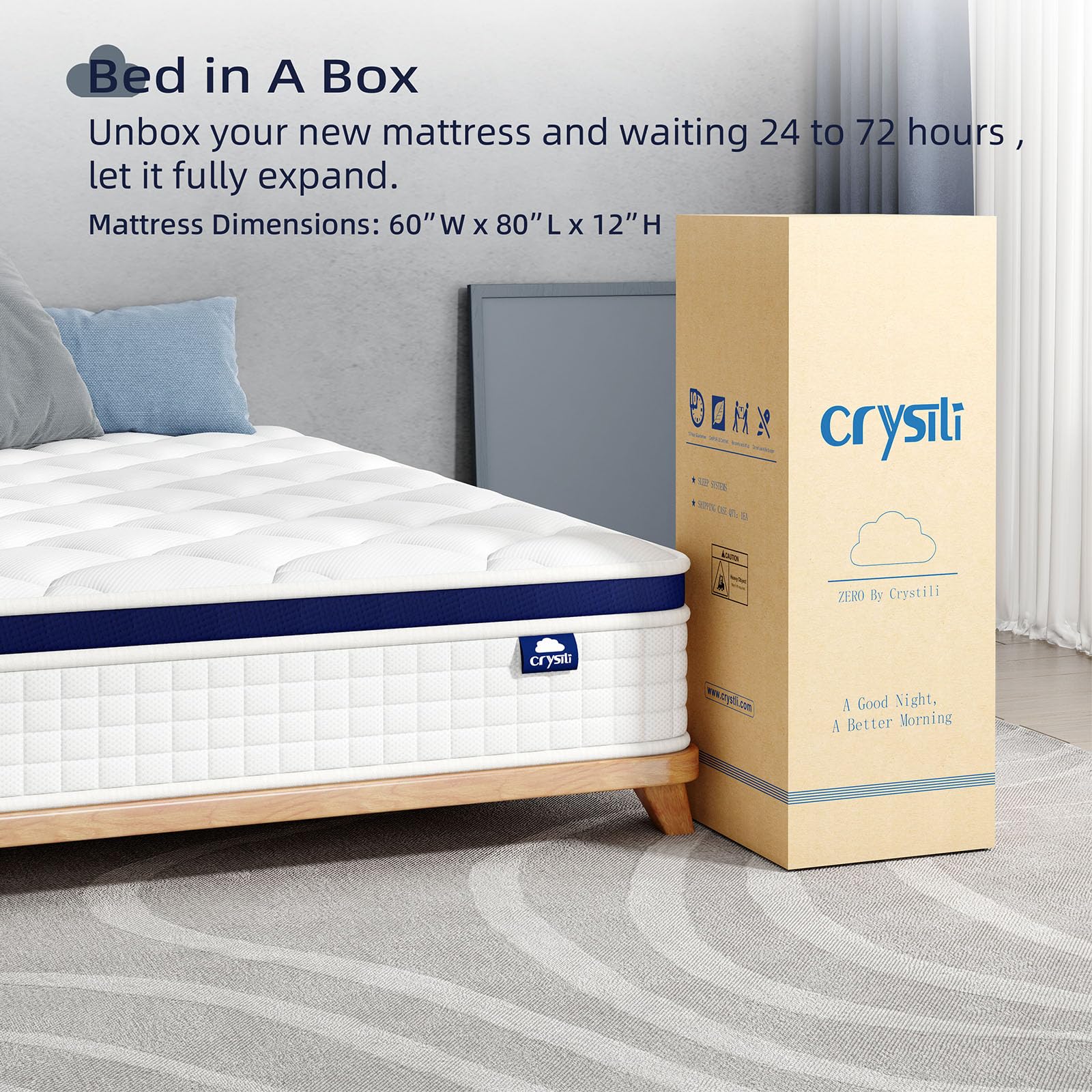 Crystli Queen Size 12 Inch Hybrid Mattress in a Box - Zero Pressure Foam & Innerspring for Pressure Relief, Motion Isolation, Medium Firm - CertiPUR-US Certified - Perfect for Back Pain Relief, Guest Rooms & Couples