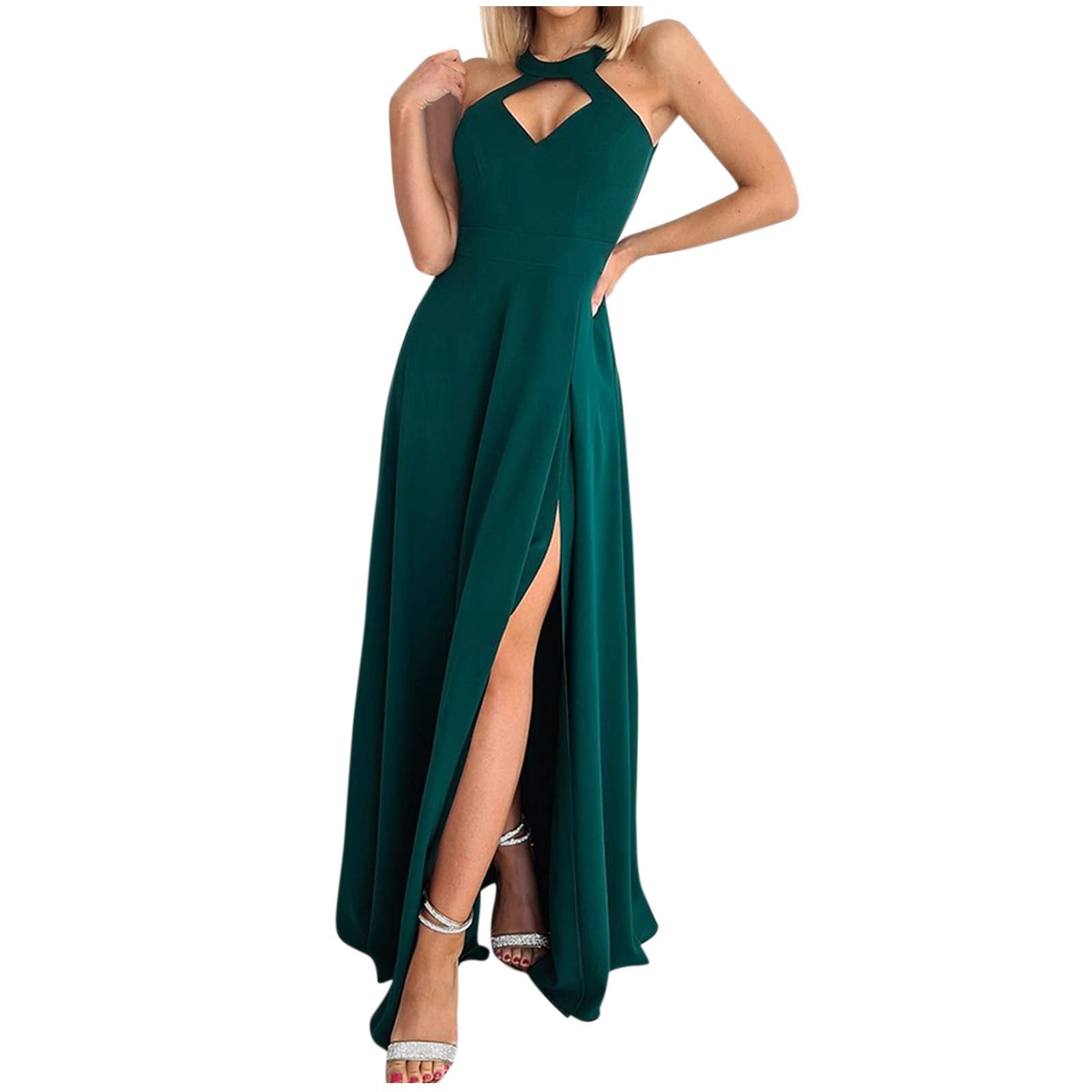 BOXIACEY Women's Maxi Dress - Elegant Summer Halter Neck Sleeveless Solid Prom Gown, Long Formal Wedding Guest Dress for Beach Parties, Evening Events & Special Occasions