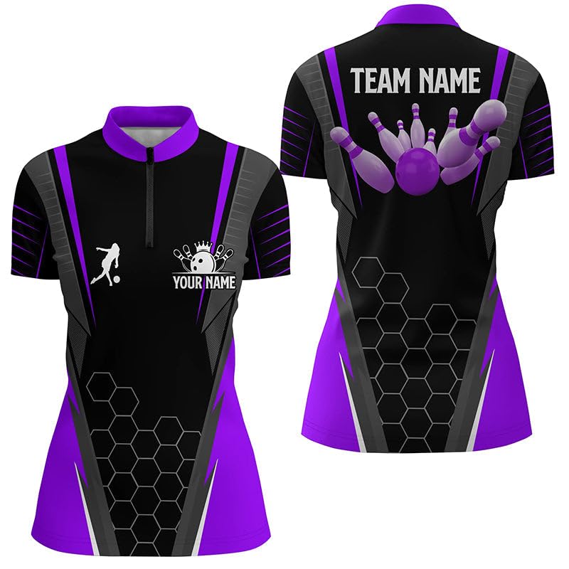 Custom Black Women's Bowling Shirt Quarter-Zip with Personalized Name & Team - Ladies Bowler Jersey for Team Outfits | Purple Quarter-Zip Pullover | Perfect for Bowling Leagues, Tournaments & Team Events