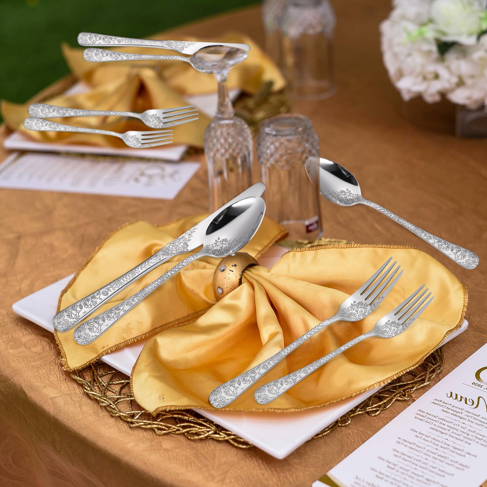 Floral Silverware Set - 6 Stainless Steel Flatware with Engraved Rose Design, 30-Piece Cutlery Set for Restaurant & Home Kitchen | Elegant Dining Utensils for Weddings, Parties & Daily Use
