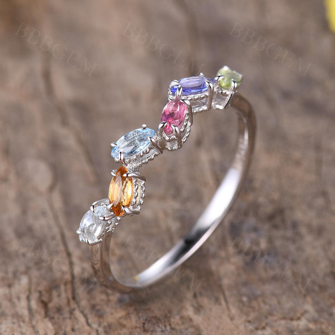 14K White Gold Rainbow Birthstone Stackable Ring - Multi Color Gemstone Band for Mom, Family, Gift | Perfect for Birthdays, Anniversaries, Mother's Day & Everyday Wear