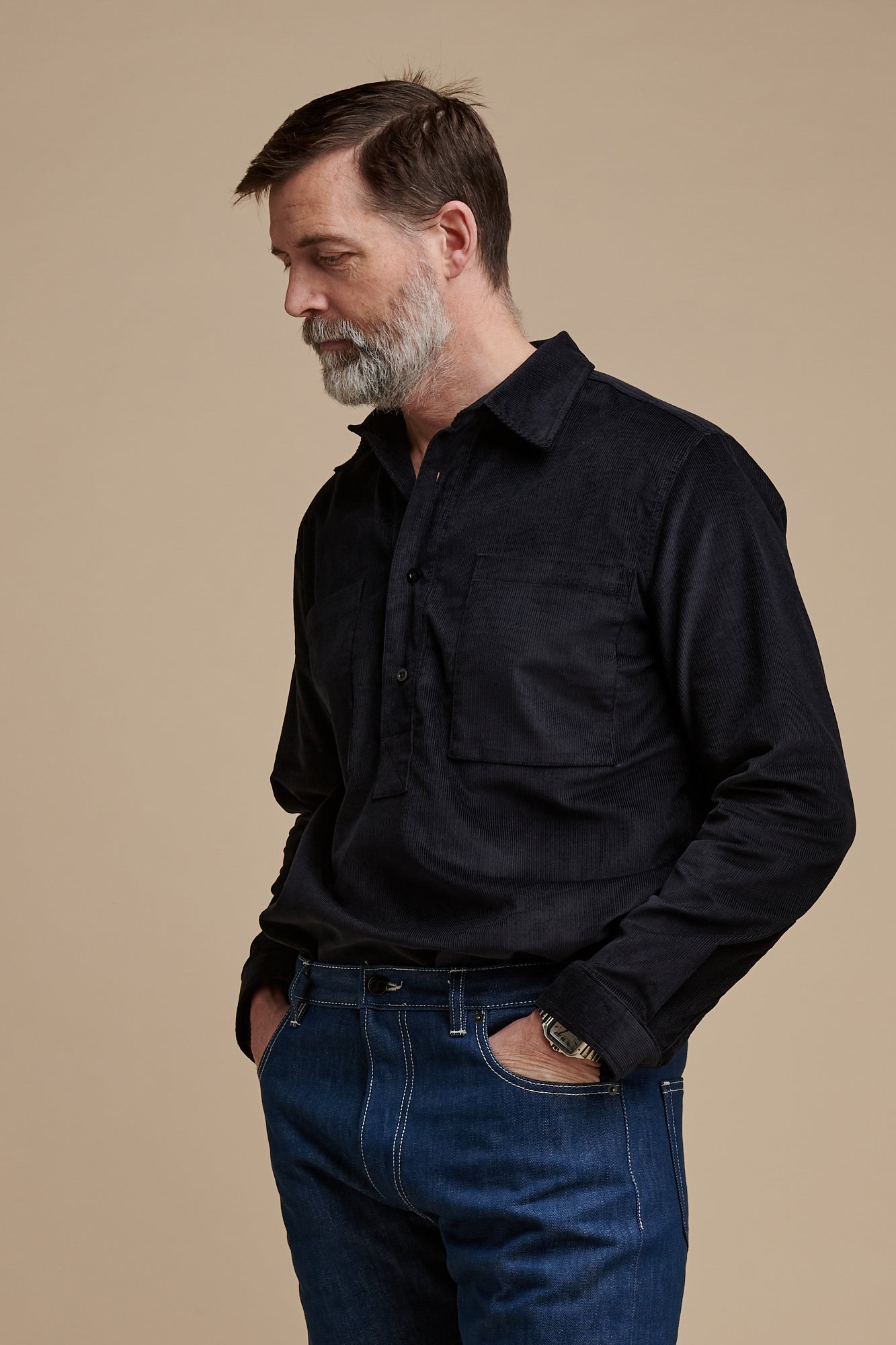 Men's Oli Half Placket Needle Cord Shirt - Navy Blue Casual Button Down Shirt for Work, Date Night & Outdoor Activities
