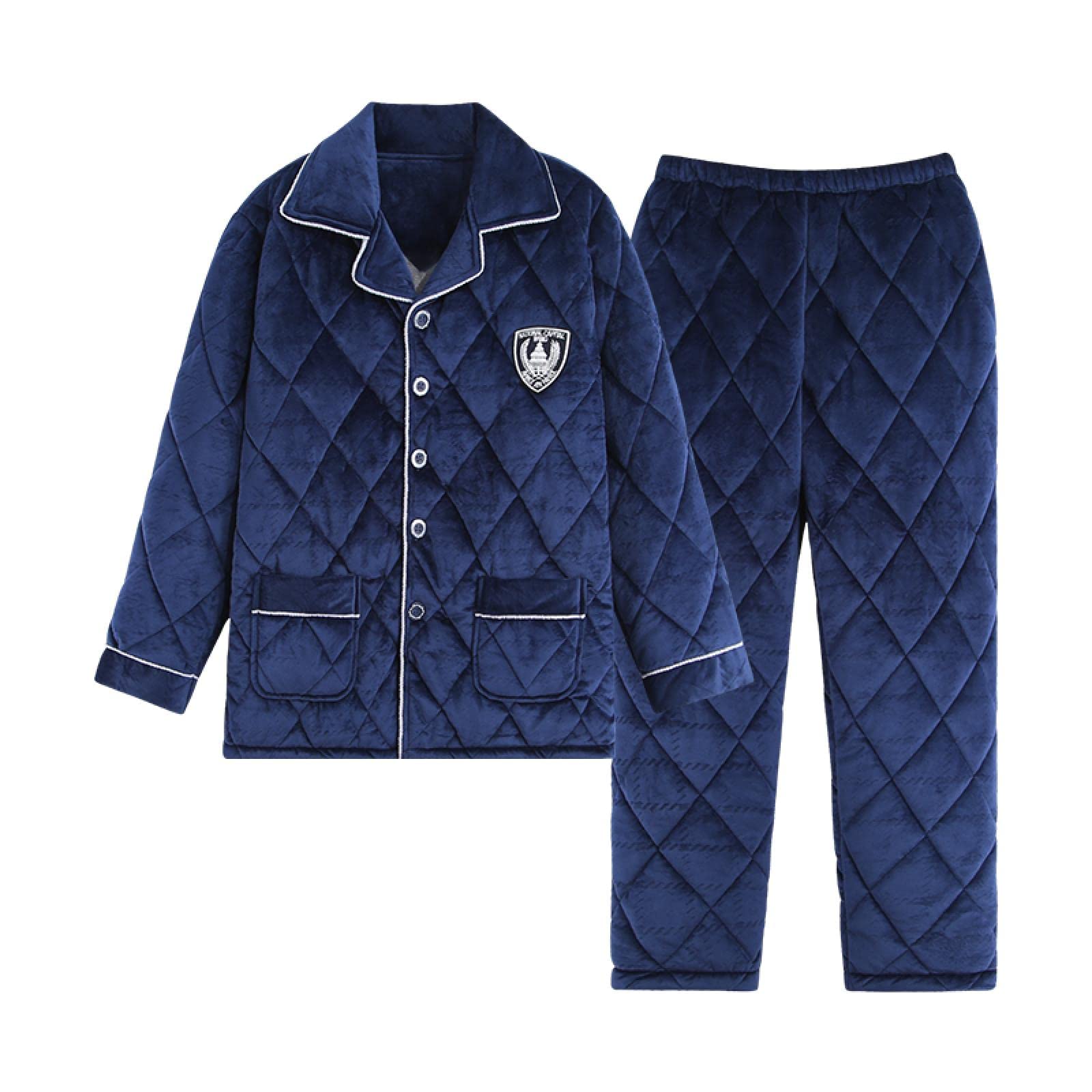 **Men's Winter Warm Fleece Pajama Set - Soft Cotton Lounge Pajamas with Embroidery for Men - Cozy Sleepwear for Cold Nights & Relaxing at Home**