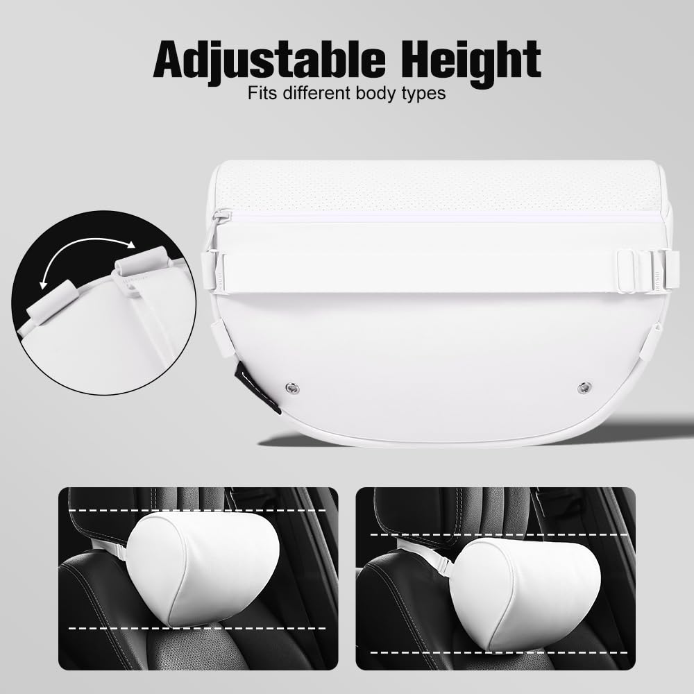 Premium Tesla Model 3 & Y Headrest Pillow - Adjustable Leather Neck Support for Head, Neck & Shoulders | Multipurpose Car Accessories (1 Pack, White) | Perfect for Long Drives & Road Trips