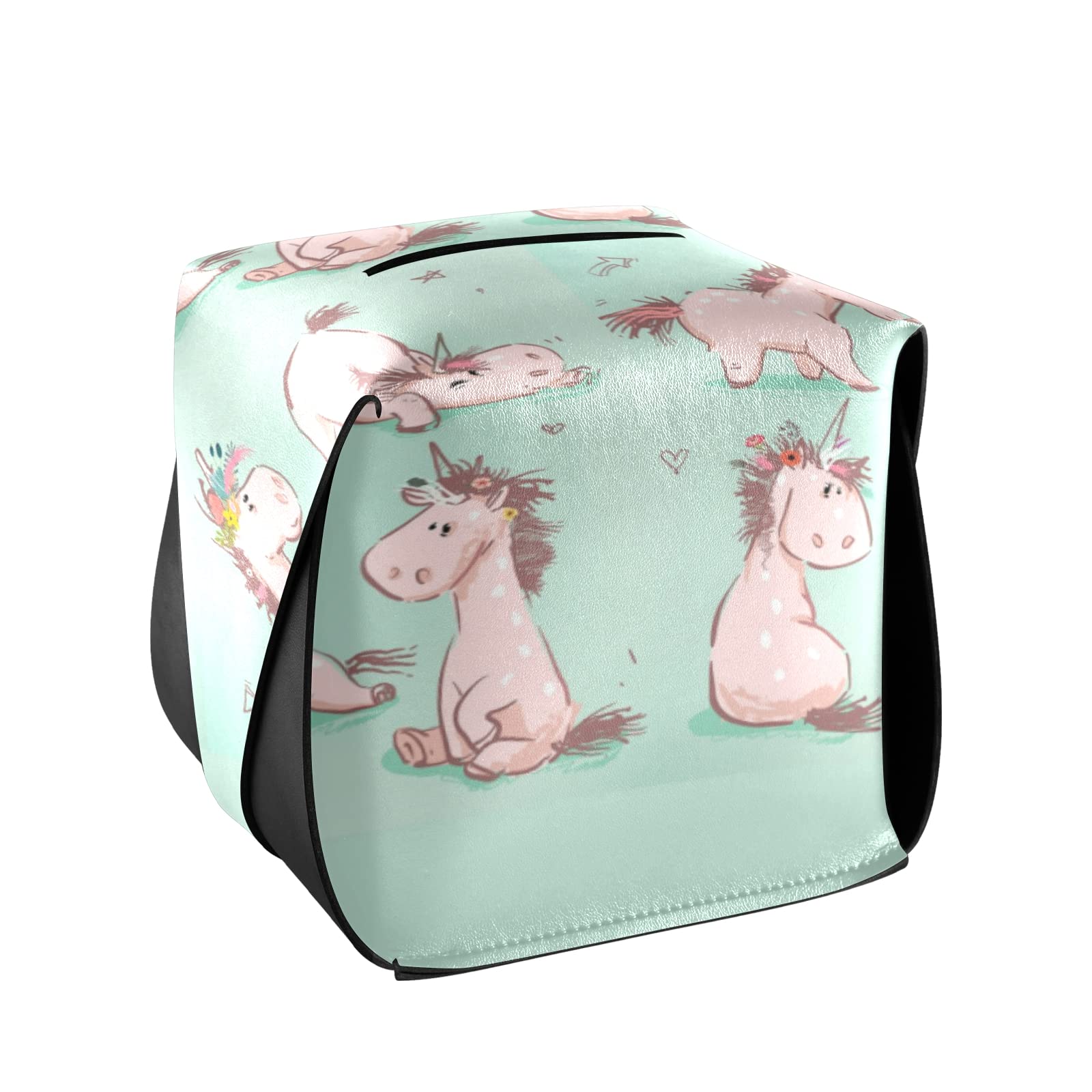 Seamless Cute Cartoon Pink Unicorn Tissue Box Cover – Turquoise Square Leather with Handle for Bathroom, Home, Office & Car (9.4x5.1x3.6 in) – Perfect for Nightstands, Vanity Countertops & Desk Decor