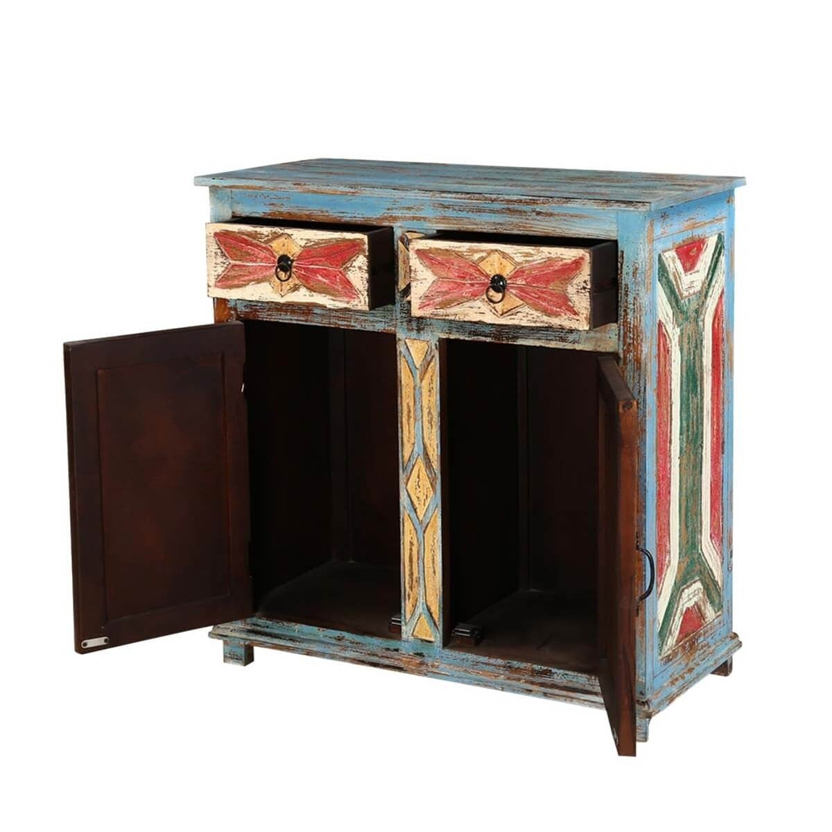 Hand Painted Blue Mango Wood 2 Door 2 Drawer Buffet Cabinet - Stylish Sideboard for Dining Room, Living Room & Entryway Storage