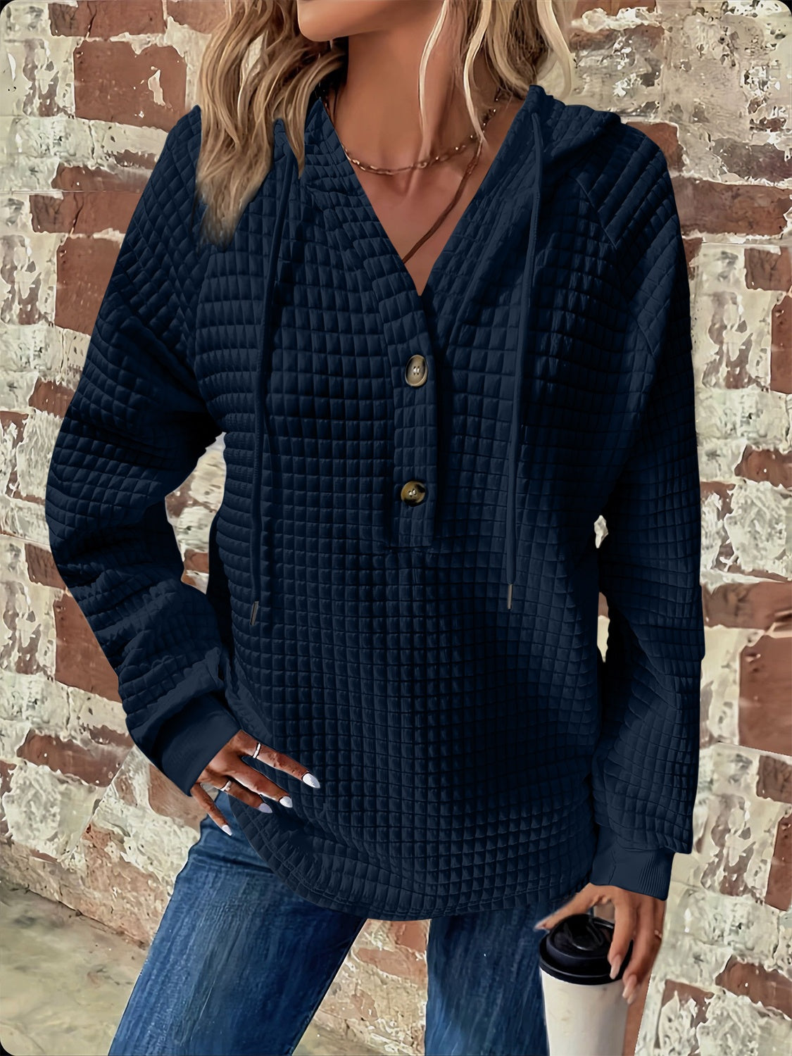 Full Size Textured Button Detail Drawstring Long Sleeve Hoodie for Men & Women - Cozy Casual Wear for Fall Winter Outdoor Activities