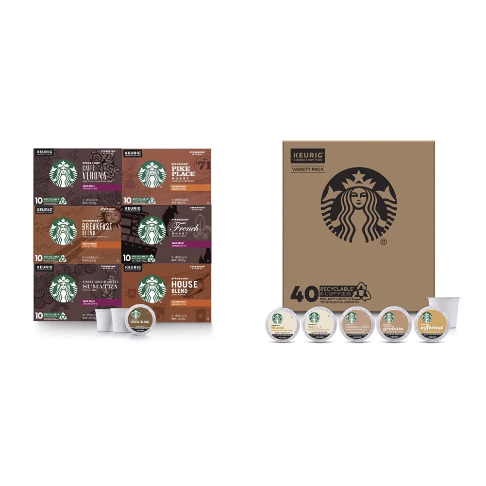 Starbucks Black & Flavored K-Cup Coffee Pods Variety Pack for Keurig Brewers - 6 Boxes (60 Pods) + 1 Box (40 Pods) - Perfect for Home, Office & Morning Brewing
