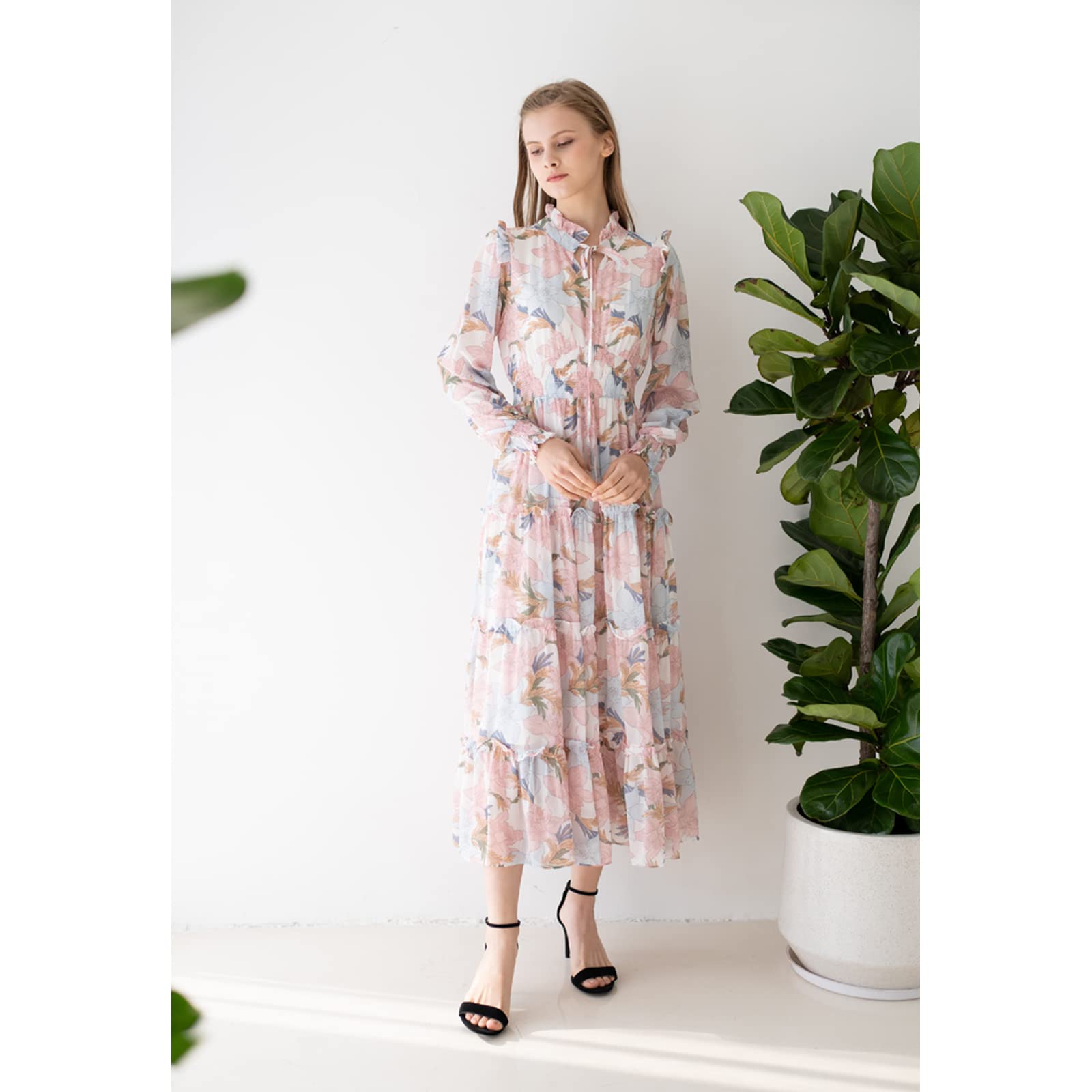 CHICWISH Women's Floral Print Chiffon Maxi Dress with Self-Tie V-Neck - Elegant Pink Lily Design for Summer Weddings, Beach Vacations & Special Occasions