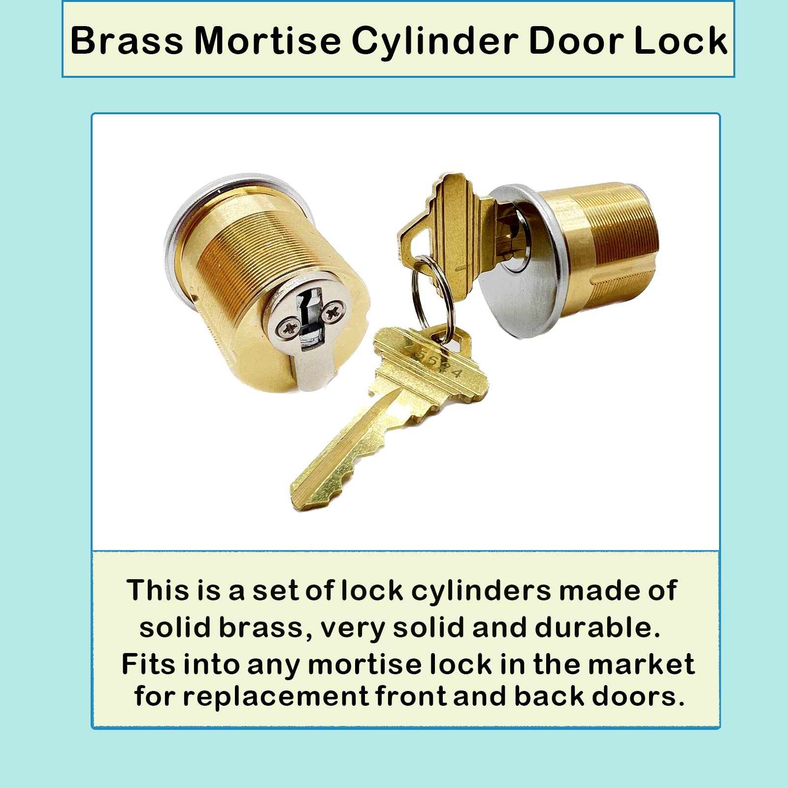2 Pack Brass Mortise Door Cylinder Lock with 2 Keys - 1-1/4
