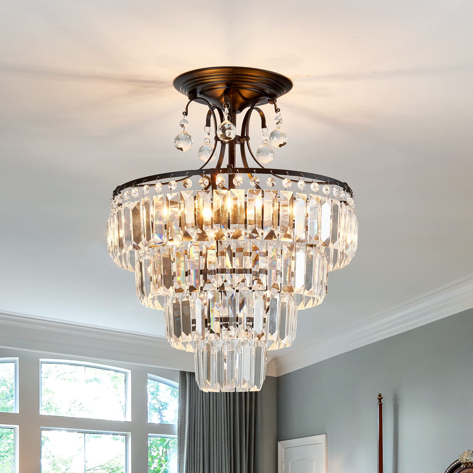 Antique Modern Black Crystal Round Chandelier - 5-Light Semi Flush Mount Ceiling Light Fixture for Living Room, Dining Room, Bedroom, Entryway, Foyer & Bathroom - E12 Base - Elegant Home & Office Lighting Decor