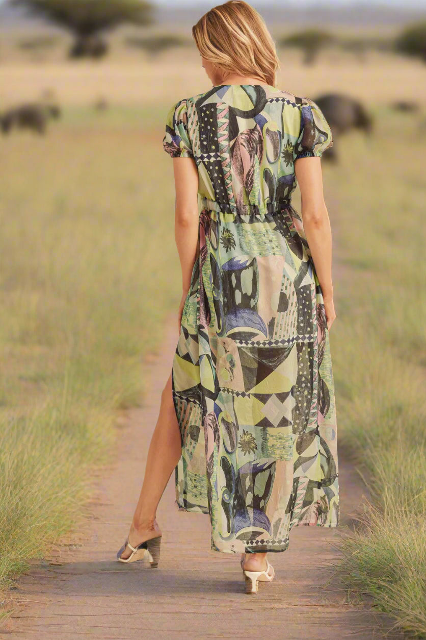 Elegant Lace Detail Slit Geometric Print Short Sleeve Resort Maxi Dress for Women - Perfect for Beach Vacations, Summer Parties & Boho Weddings