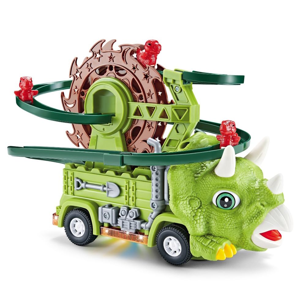 2 in 1 Dinosaur Slide Toy Set - Triceratops & T-Rex Automatic Sliding Track with Ferris Wheel & Race Truck - STEM Educational Toys for Kids Ages 3-8 - Perfect for Birthday Gifts & Indoor Playtime