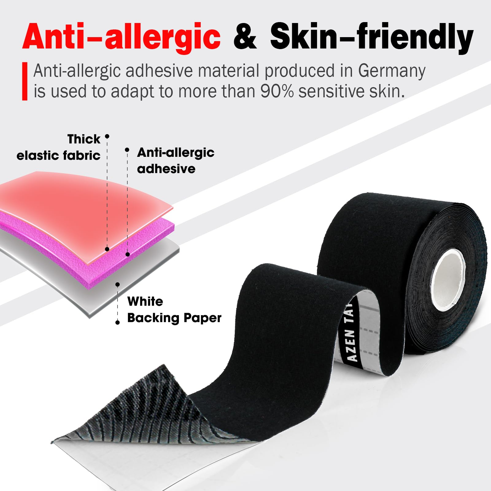 AZEN 3 Rolls Kinesiology Tape - 16.4 ft Waterproof Athletic Tape for Joint Support & Muscle Pain Relief - Uncut Muscle Tape, Knee Tape for Sports Injuries - Black - Ideal for Running, CrossFit & Post-Workout Recovery