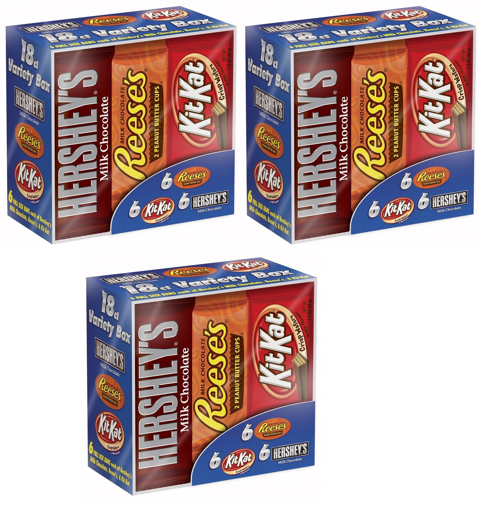Hershey Chocolate Candy Bar Variety Pack - 18 Count Box (3 Pack) with HERSHEYS Milk Chocolate, REESES Peanut Butter Cups & KIT KAT Bars | Perfect for Halloween Treats, Party Favors & Office Snacks