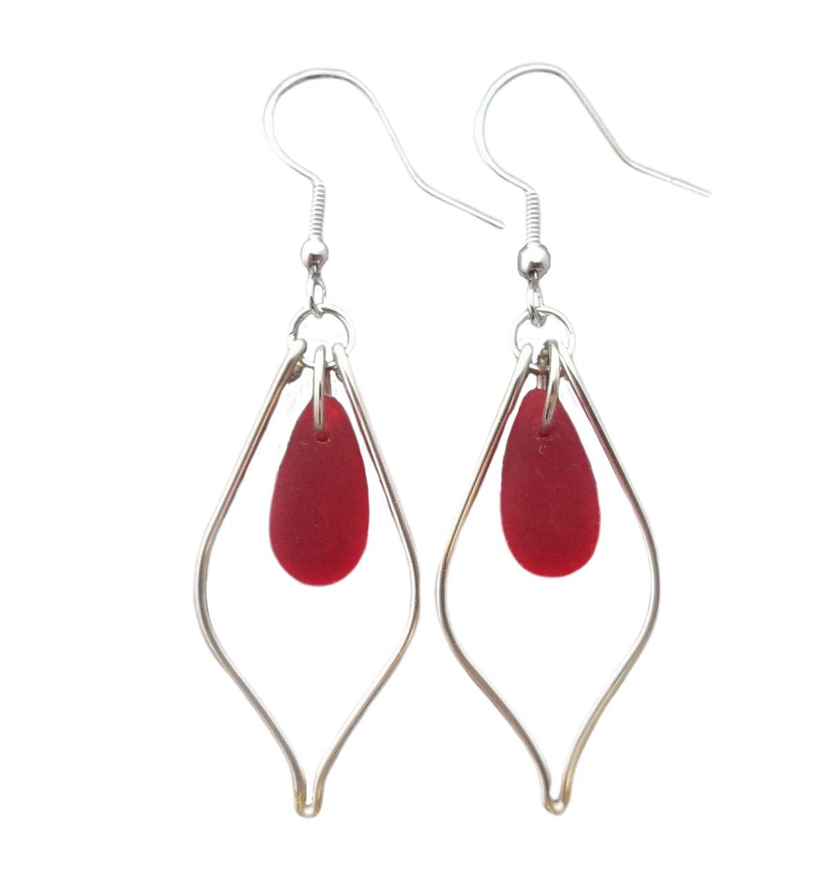 Handmade Hawaiian Sea Glass Earrings - Ruby Red Wire Loop Dangle Earrings for Women | July Birthstone Jewelry, Beach Jewelry & Unique Birthday Gift for Her | Perfect for Summer Vacations, Beach Weddings & Boho Fashion