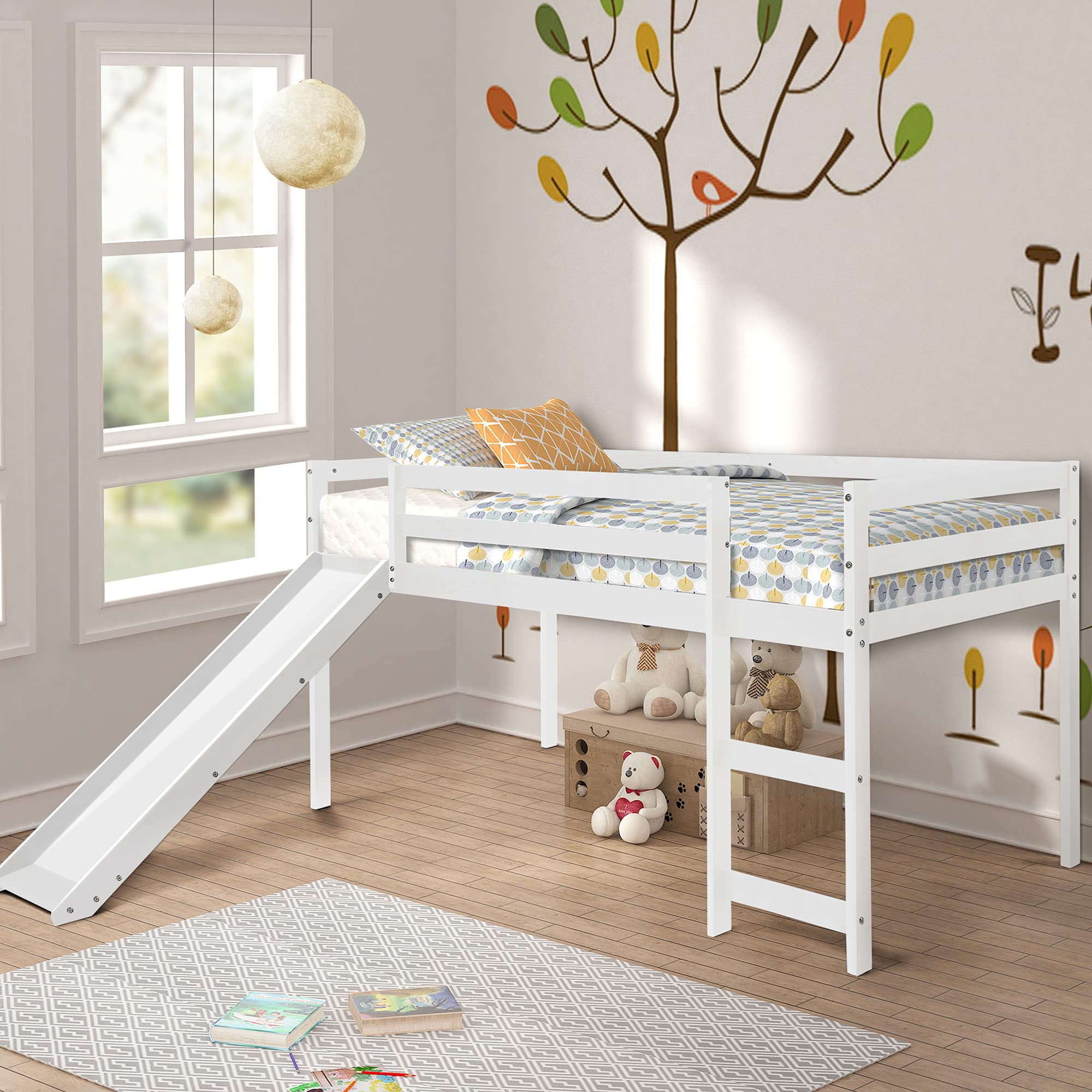 Merax Twin Size Wooden Junior Loft Bed with Slide and Ladder - Space-Saving Kids & Teens Bedroom Furniture for Small Rooms, Play Areas and Sleepovers