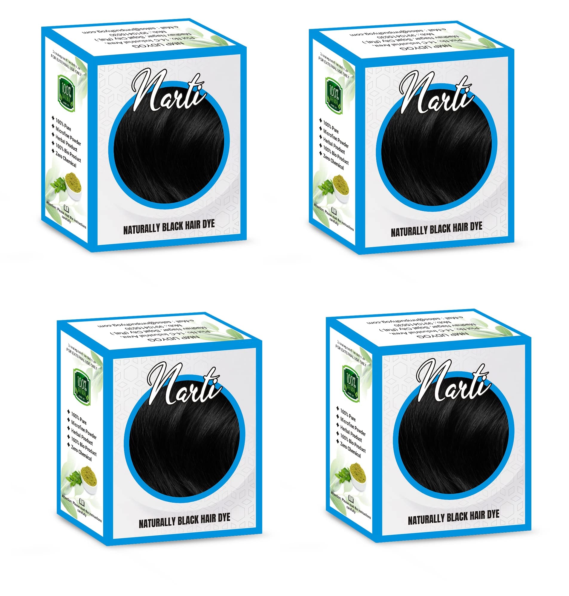 NARTI 100% Pure Natural Hair Dye Kit - Ammonia-Free Herbal Hair Color with Microfine Powder (Includes Gloves, Shower Cap & Brush) - Pack of 4 for Naturally Black Hair | Perfect for At-Home Hair Coloring & DIY Salon Treatments