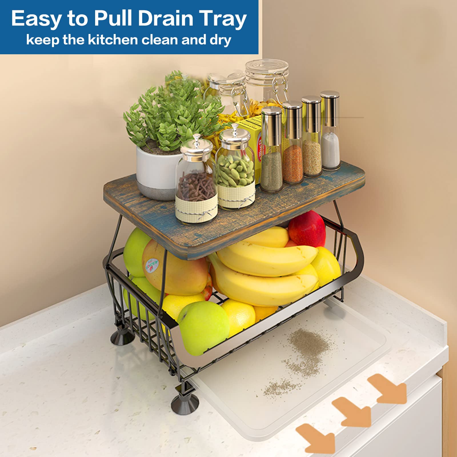 5-Tier Stackable Metal Wire Storage Basket Organizer for Kitchen - Wood Top Vegetable & Fruit Basket Stand for Onions, Potatoes, and Produce - Perfect for Pantry Organization and Countertop Storage