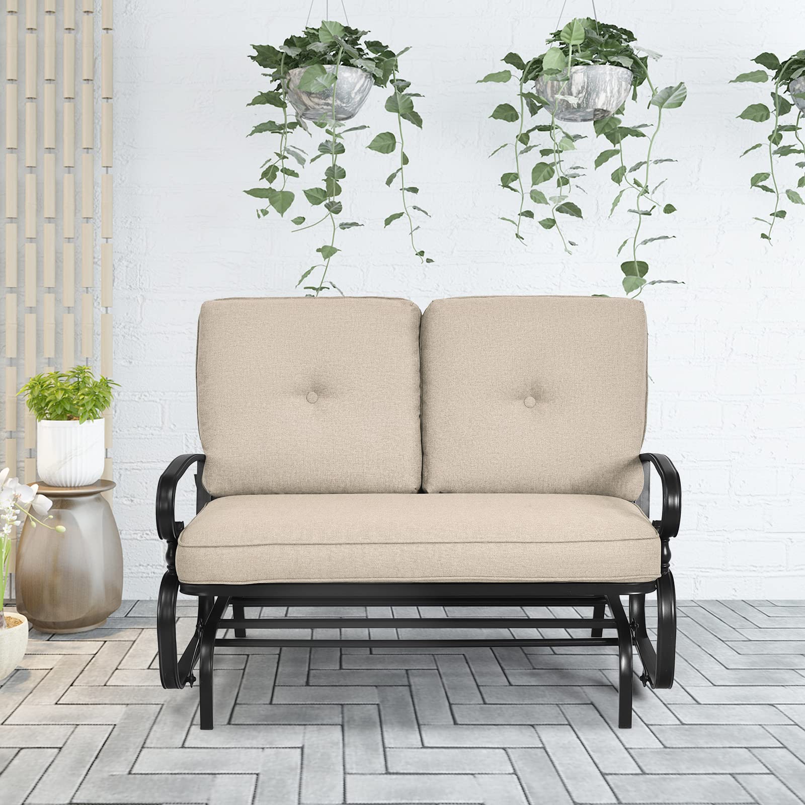 **Tangkula Outdoor Swing Glider Chair for 2 Persons - Patio Loveseat Bench with Steel Frame & Comfortable Cushions - Perfect for Garden, Porch, Balcony & Poolside Relaxation (Beige)**