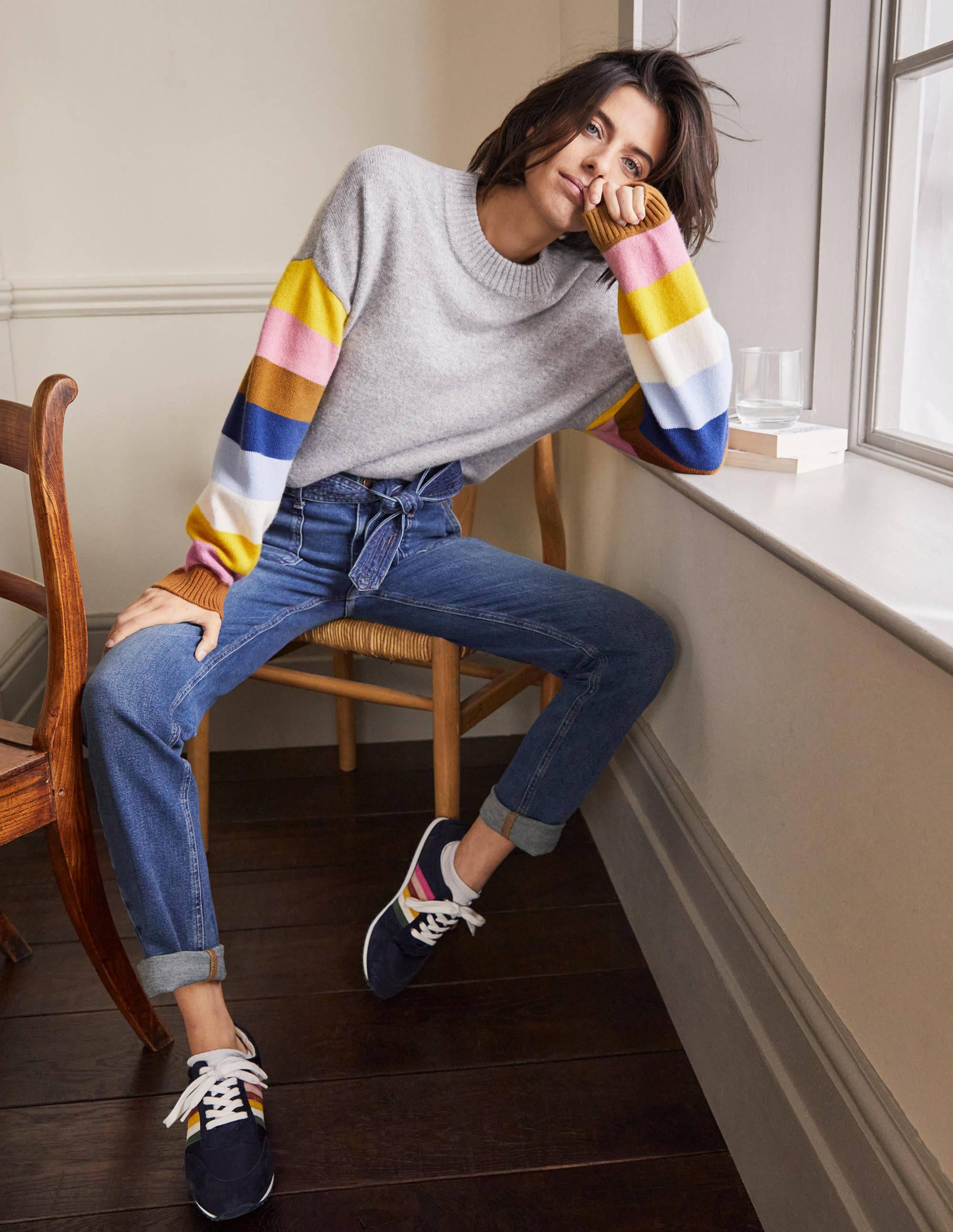 Bell Sleeve Cashmere Sweater Grey Melange - Women's Multi Stripe Knit Sweater for Fall & Winter | Cozy Office Wear & Casual Outings