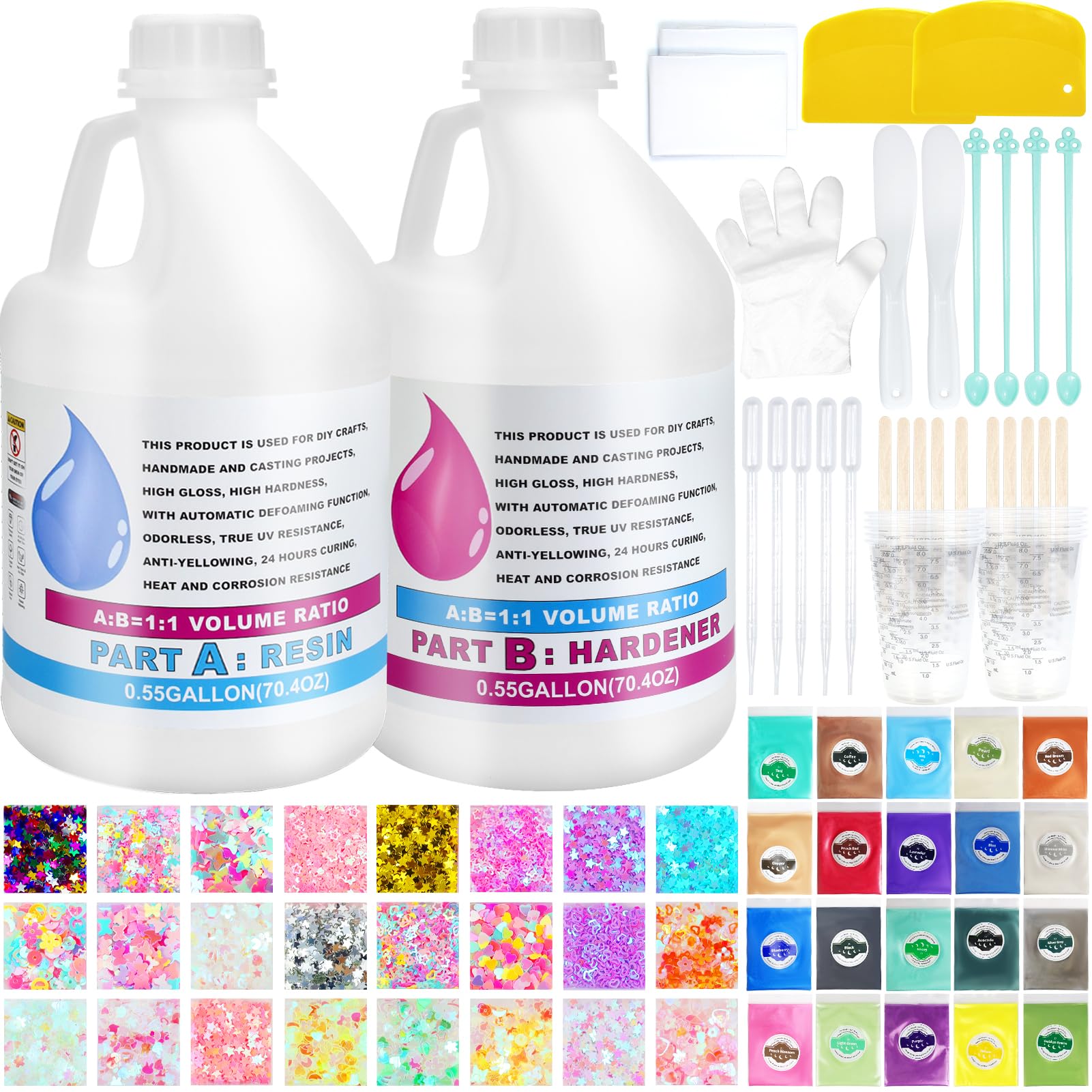 Premium 1.1 Gallon Crystal Clear Epoxy Resin Kit - Self-Leveling, Non-Yellowing, Bubble-Free for Table Tops, Wood, Resin Molds - Perfect for DIY Countertops, Bar Tops, River Tables & Art Projects