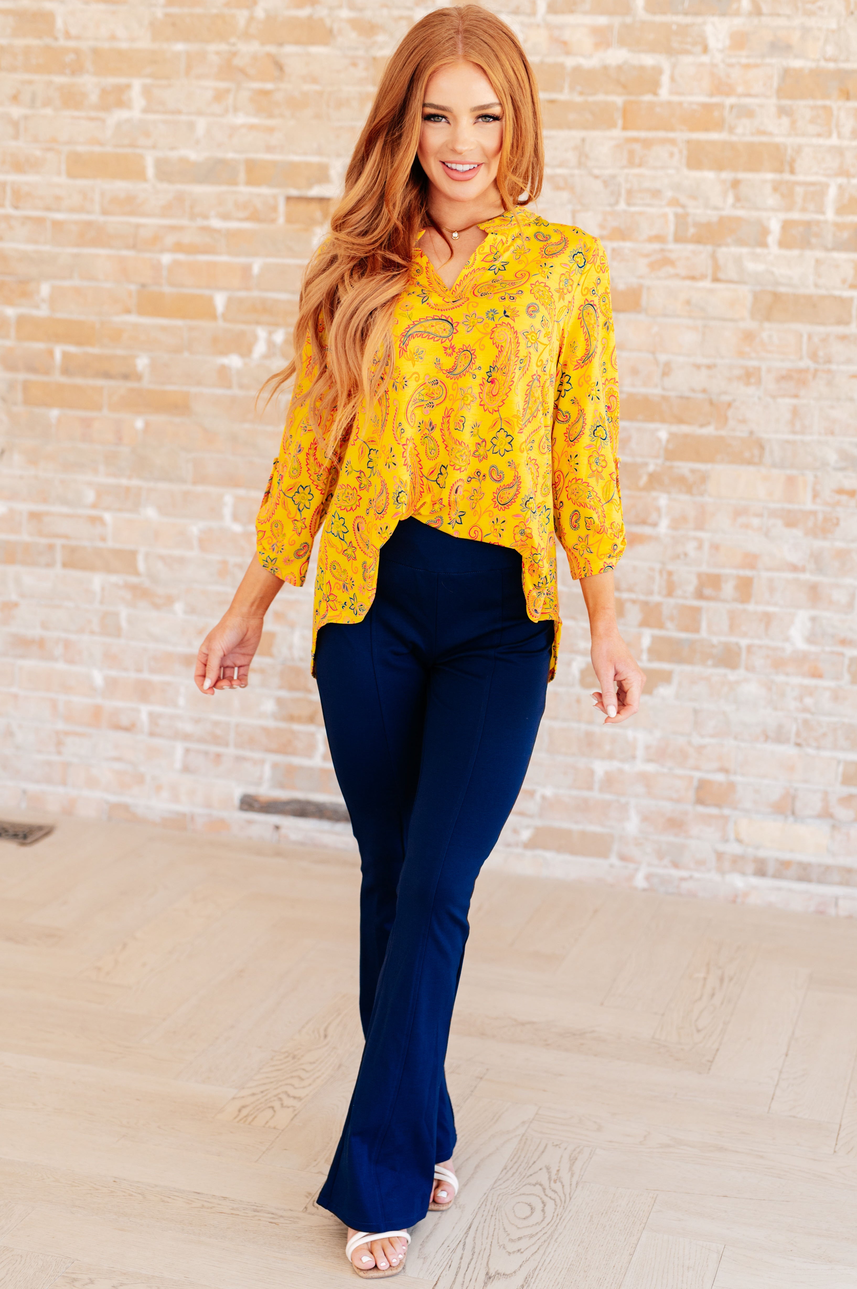 Lizzy Top - Stylish Yellow and Navy Paisley Print Blouse for Women | Perfect for Casual Outings, Office Wear & Summer Fashion