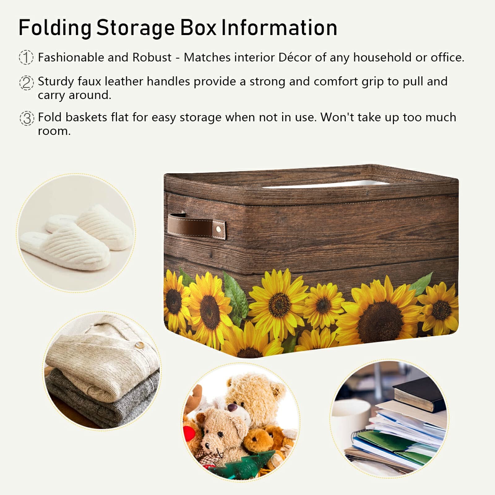 Collapsible Sunflower Wooden Board Storage Bin with Handle - Laundry Basket, Toy Organizer for Home, Office, Closet & Nursery (1 Pack) - Perfect for Kids' Room Organization & Space Saving Storage