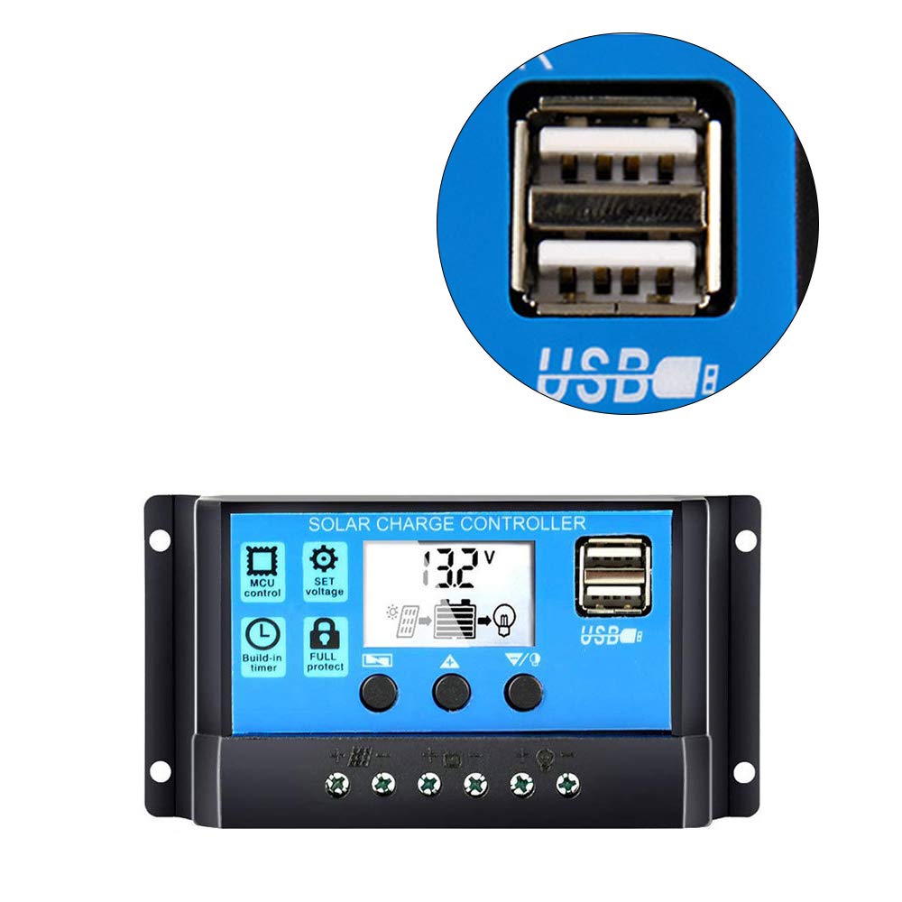 Tooarts 12V/24V Auto Solar Charge Controller with Dual USB Ports - Universal Solar Panel Regulator for DIY Solar Power Systems, RV, Boat, Off-Grid Applications