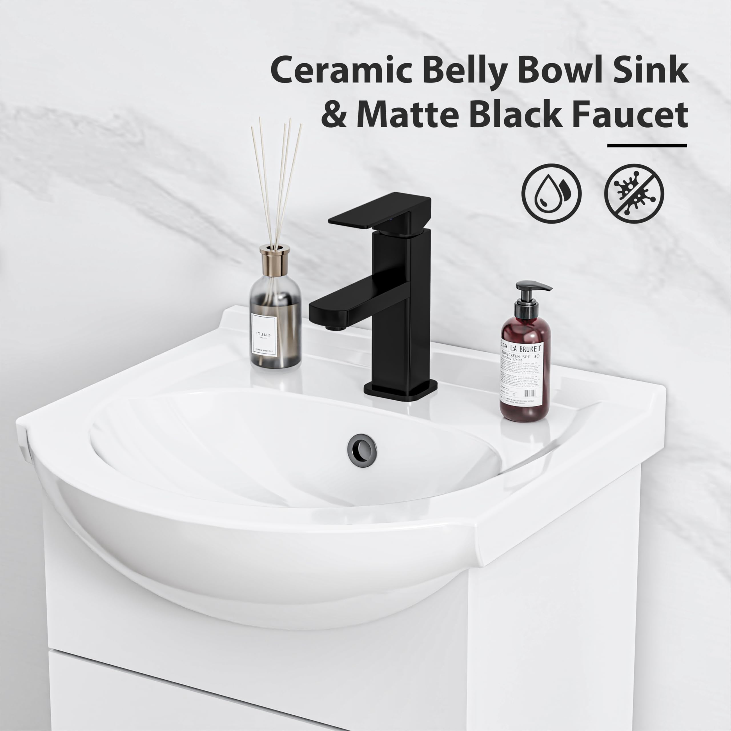 18 Inch White Ceramic Laundry Sink Cabinet Set with Faucet - Bathroom Vanity Combo & Utility Sink for Laundry Room, Basement, Kitchen - Durable Ceramic Belly Bowl Sink for Heavy-Duty Cleaning Tasks