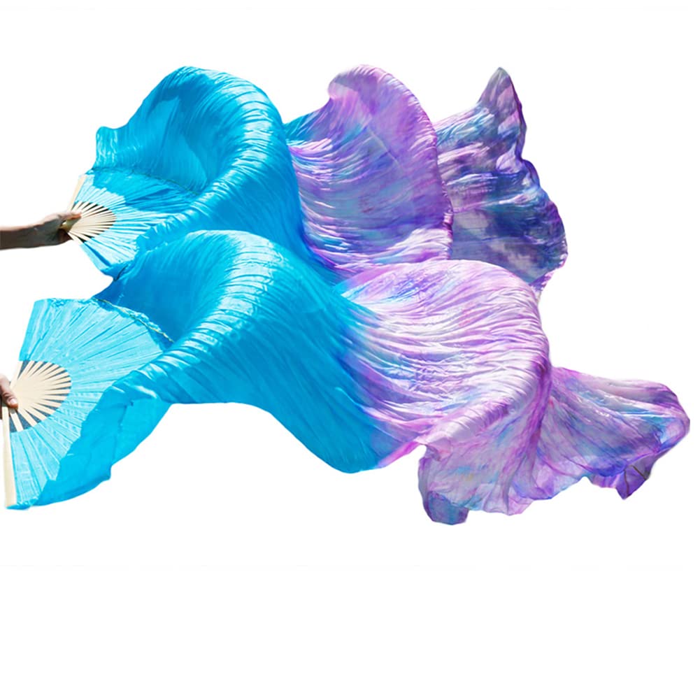 Aumulen Women's Real Silk Belly Dance Fan Veils - Handmade Colorful Tie-Dyed Pair (Left+Right) for Belly Dancing, Performances & Costume Accessories