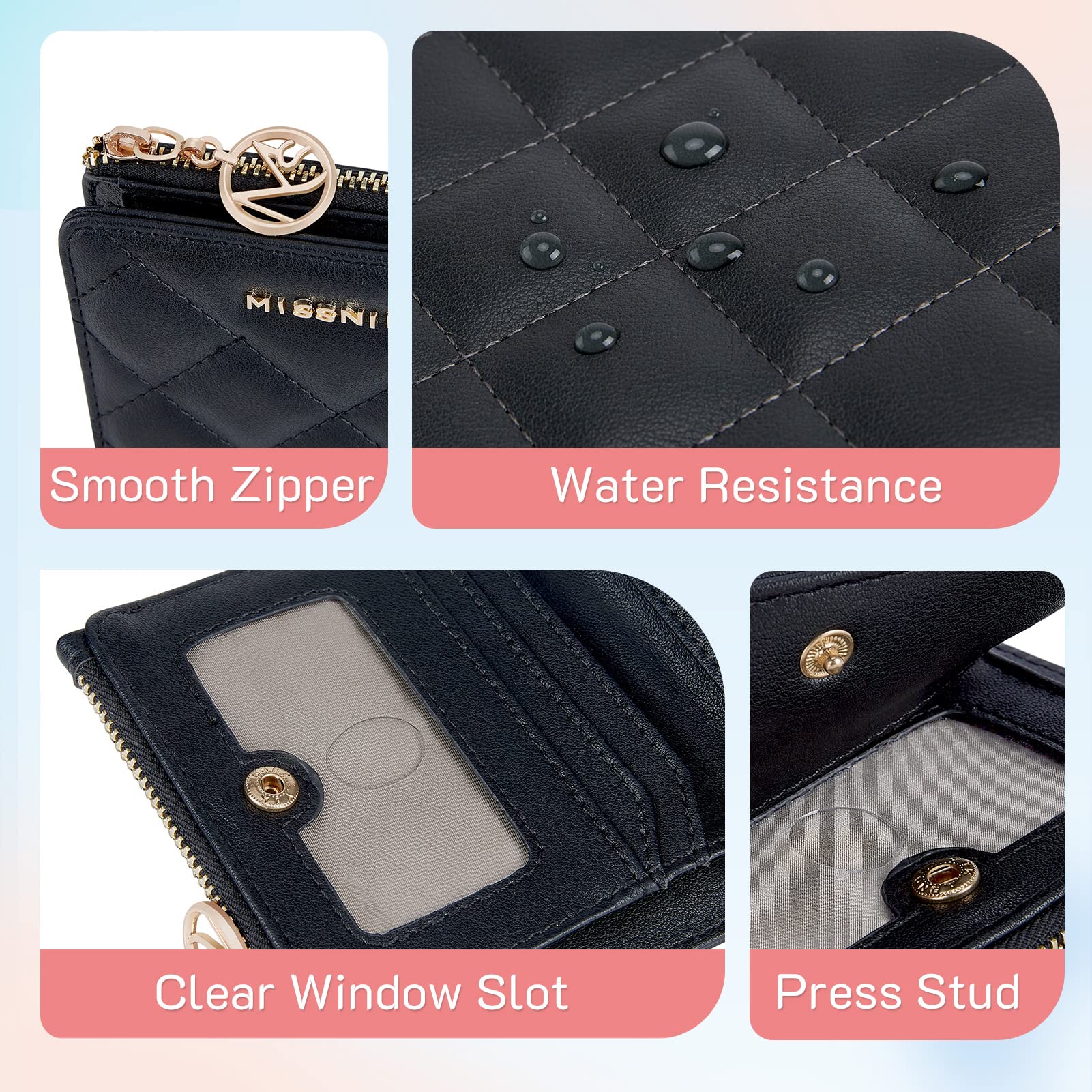 Missnine RFID Blocking Small Wallet for Women - Compact Bifold Purse with ID Window & Coin Pocket - Pink Quilted Leather Card Holder (Perfect for Travel, Shopping & Everyday Use)