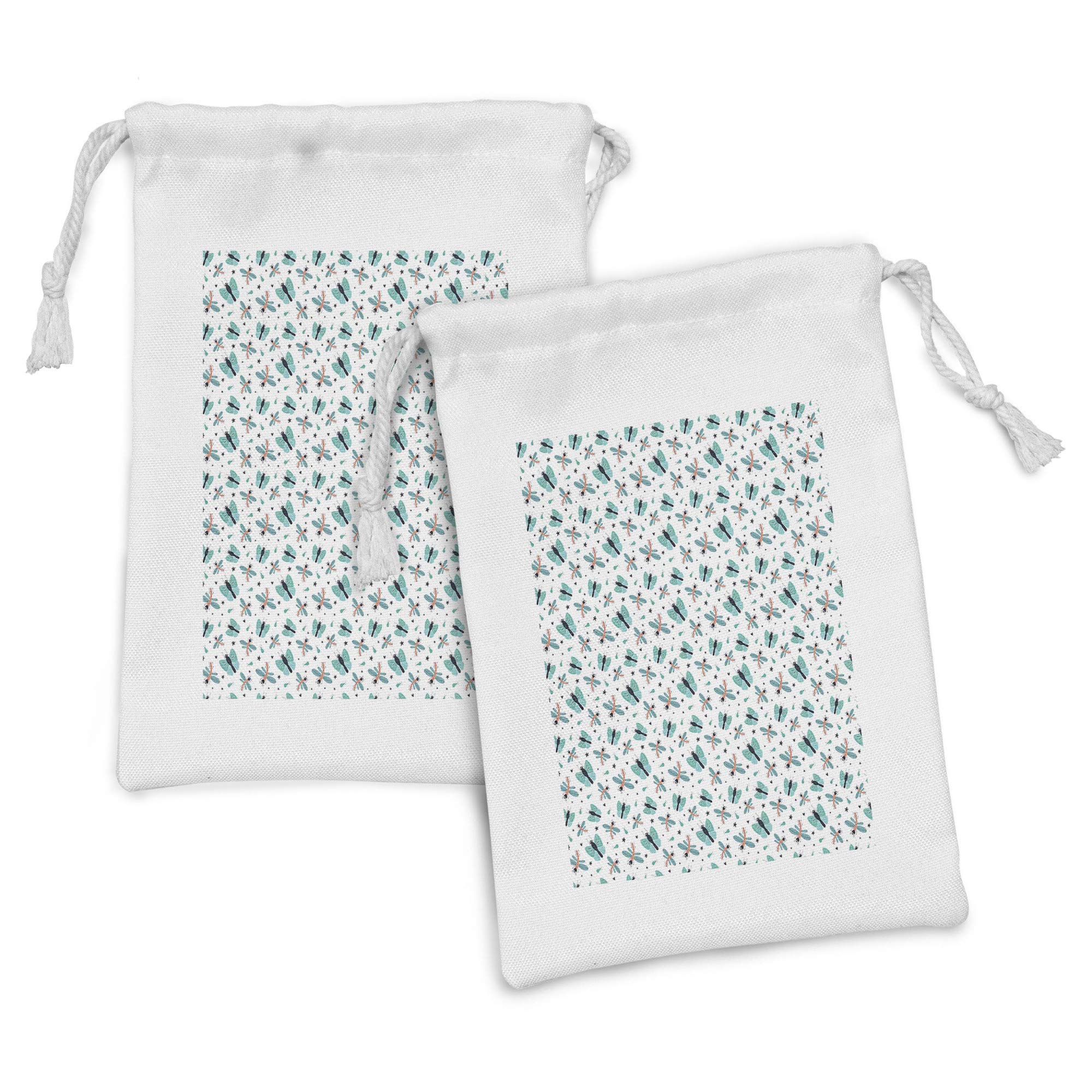 Ambesonne Dragonfly Fabric Pouch Set of 2 | Pastel Butterfly Heart Star Pattern Drawstring Bags | 9