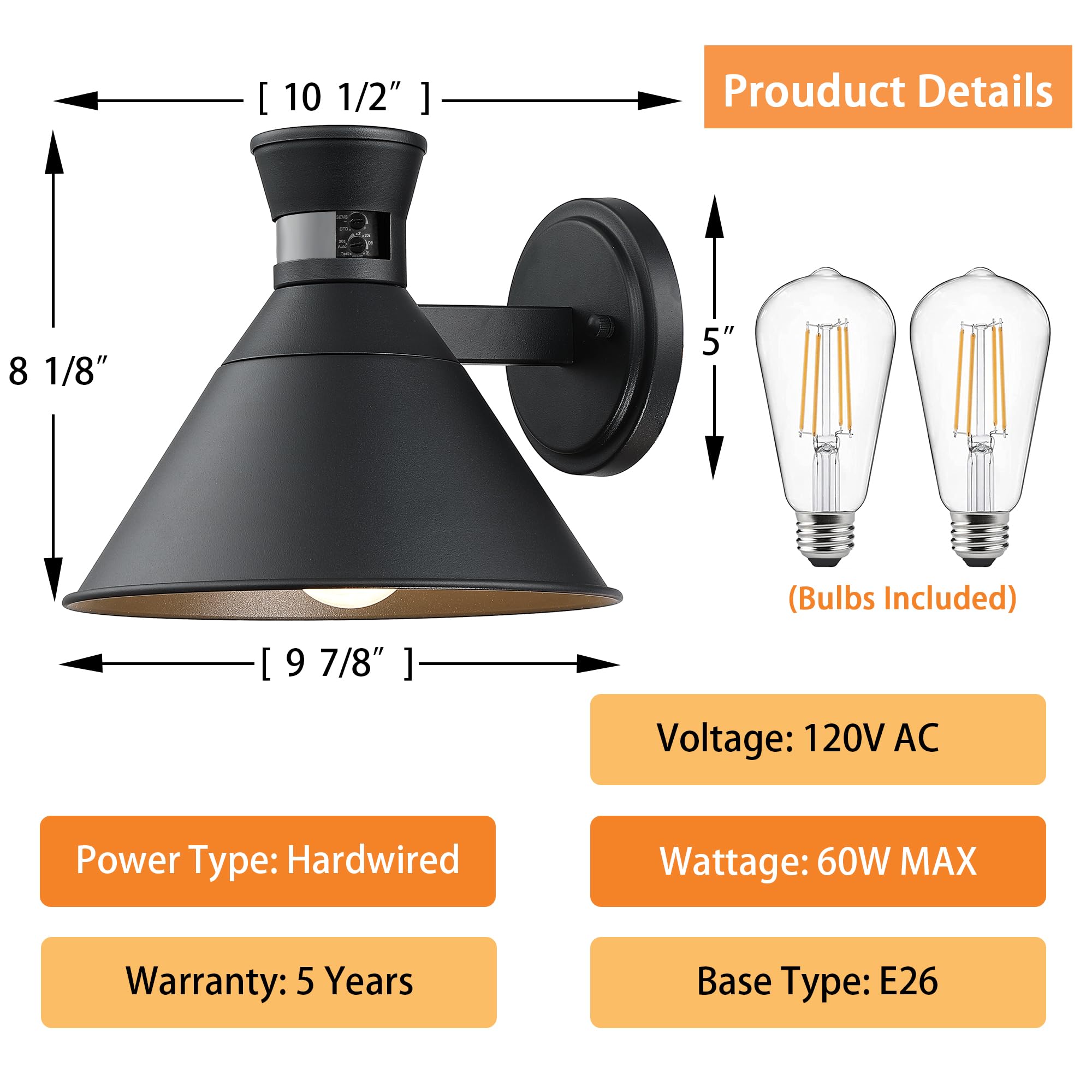 2 Pack Outdoor Motion Sensor Lights - 10 Inch Waterproof Anti-Rust Wall Lights with Dusk to Dawn Sensor for Patio, Garage, Porch, Barn, Garden & Backyard (Bulbs Included) - Perfect for Home Security & Nighttime Illumination
