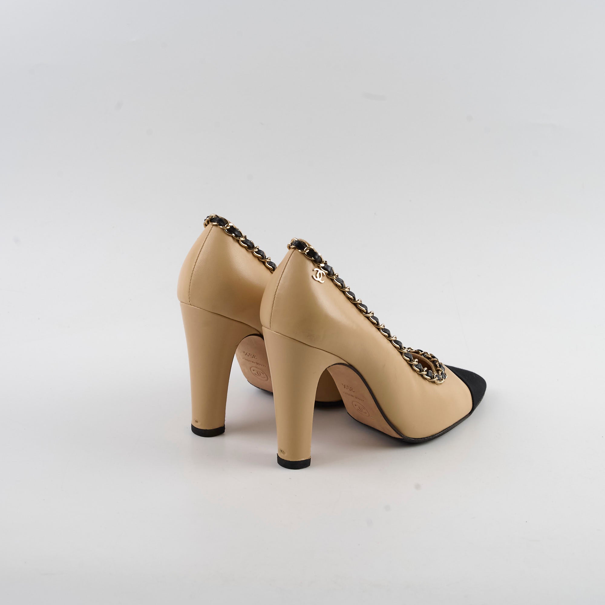 Chanel Beige Chain Cap Toe Pumps Women's Size 35.5 - Elegant Heels for Office, Party & Special Occasions