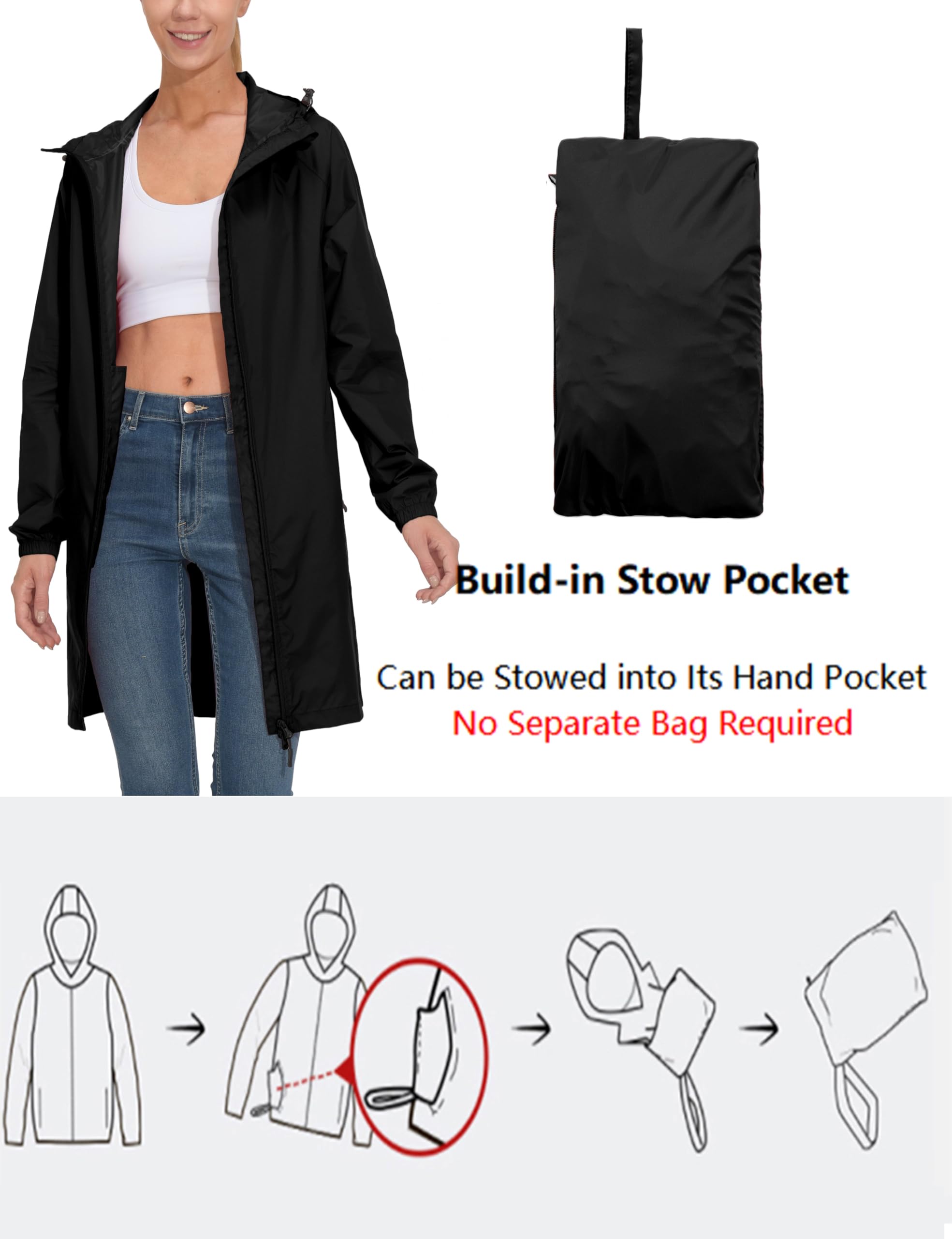 Mapamyumco Women's Ultra-Light Packable Waterproof Rain Jacket with Hood - Windproof Long Raincoat with Zipper Pockets for Hiking, Travel & Outdoor Activities