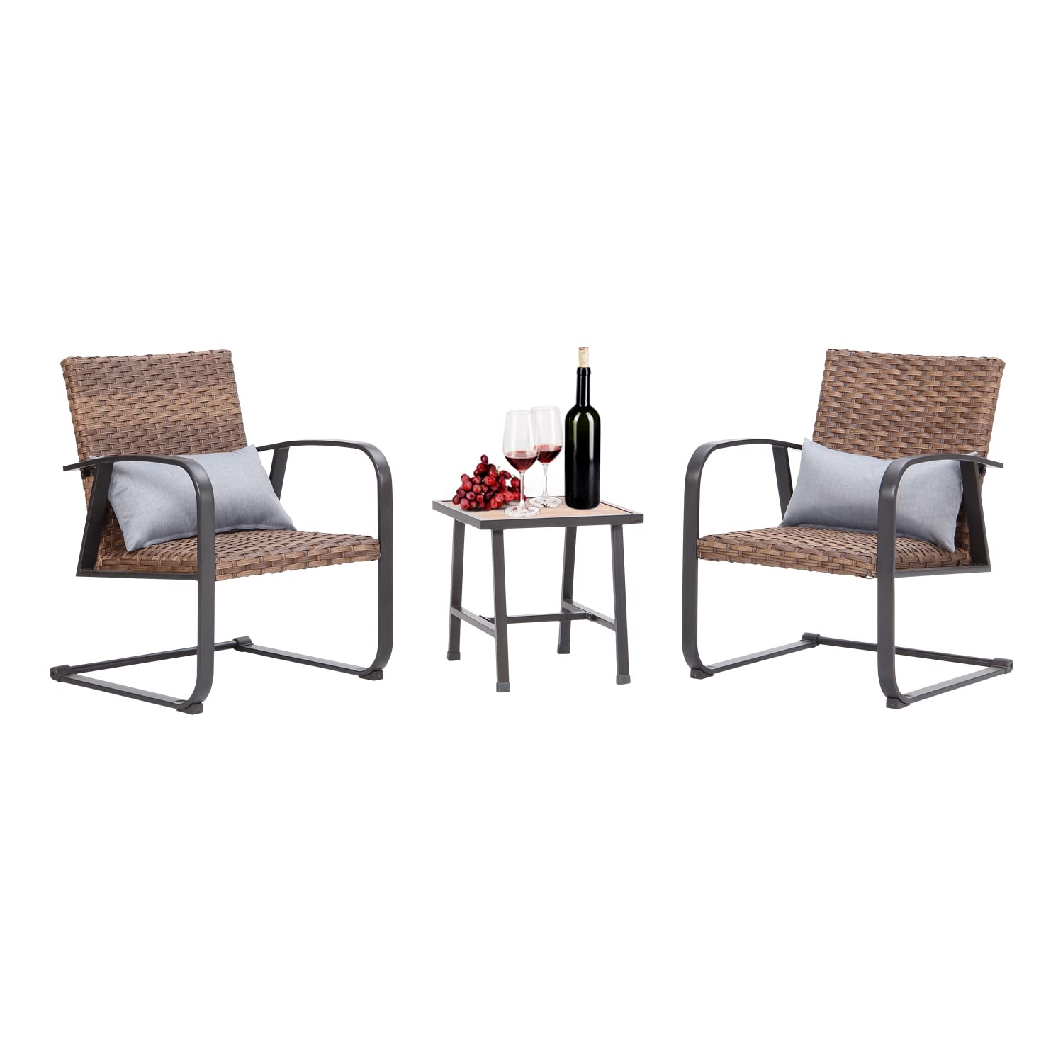 3-Piece Outdoor Bistro Set with Spring Rocking Chairs - Olmia Patio Dining Set for 2 with Air Fabric Cushions, 2 Pillows & Square Rattan Table (Steel Frame) - Perfect for Small Balconies, Gardens and Backyard Relaxation