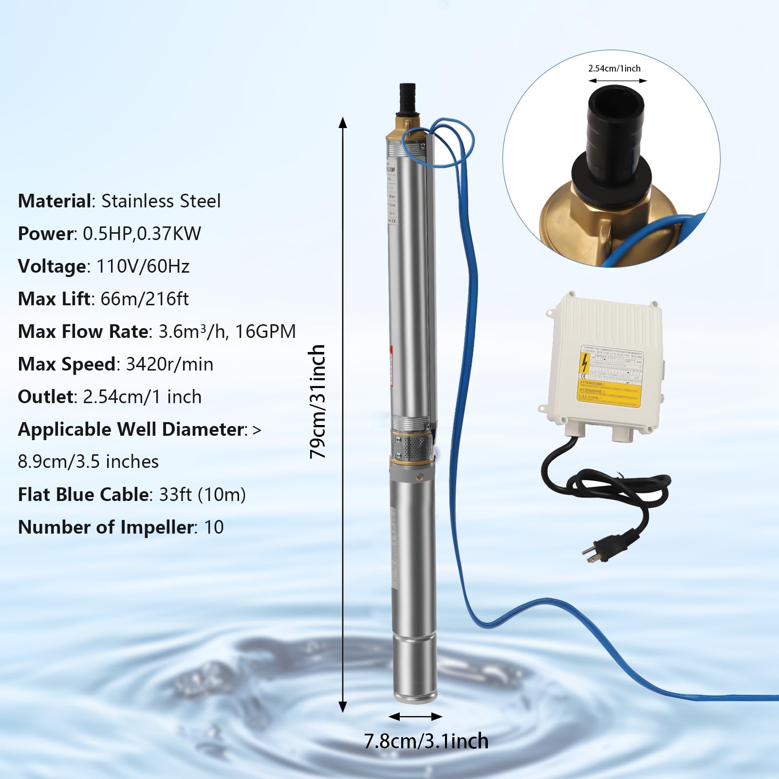 0.5HP Deep Well Submersible Pump 110V 16GPM 216ft Head Stainless Steel - 3