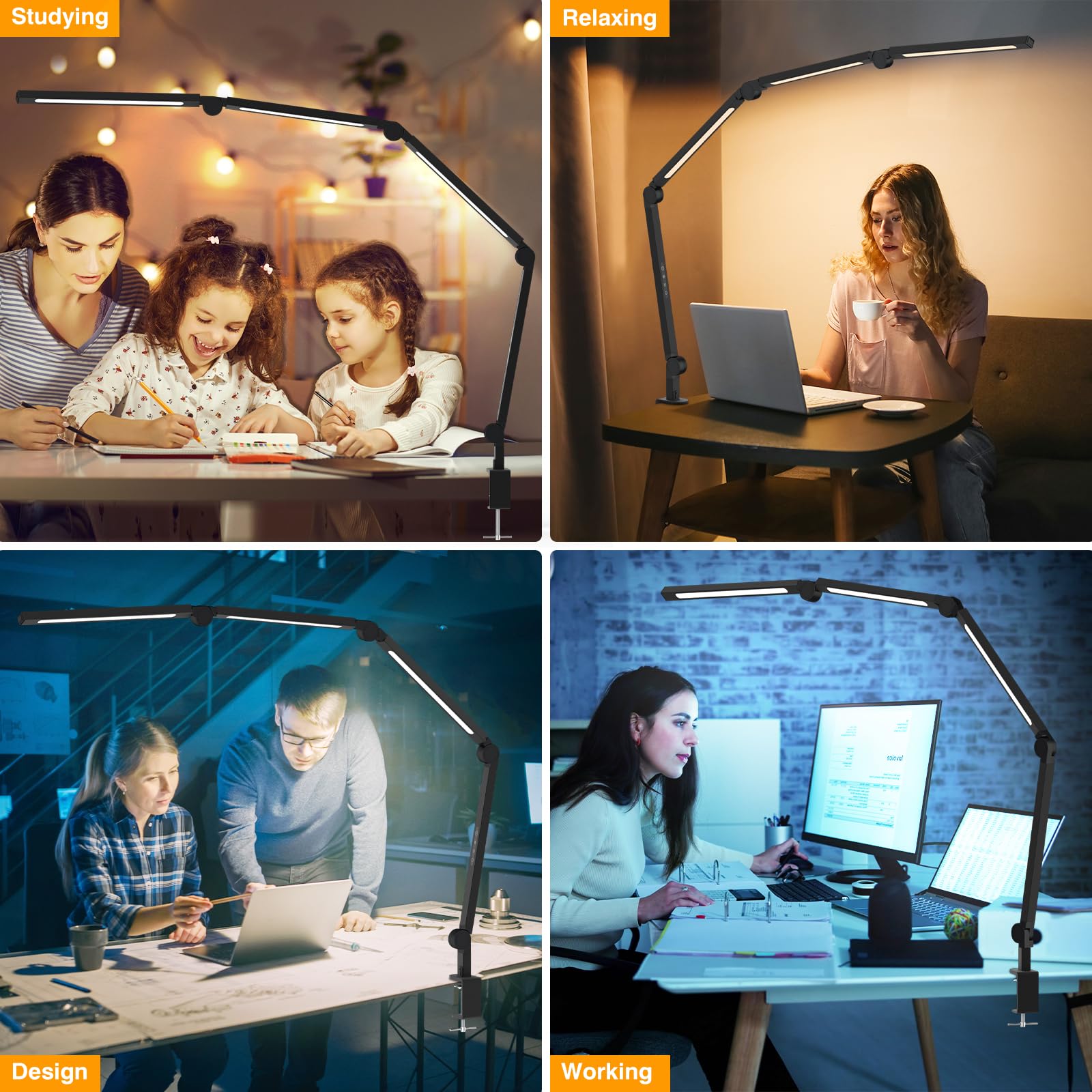 Adjustable LED Desk Lamp with Clamp - Dimmable Swing Arm Task Light for Home Office, Study & Reading | Eye-Caring Modern Table Lamp for Nail Tech, Architect & Students | Flexible Tall Desk Light for Work, Crafting & Night Use