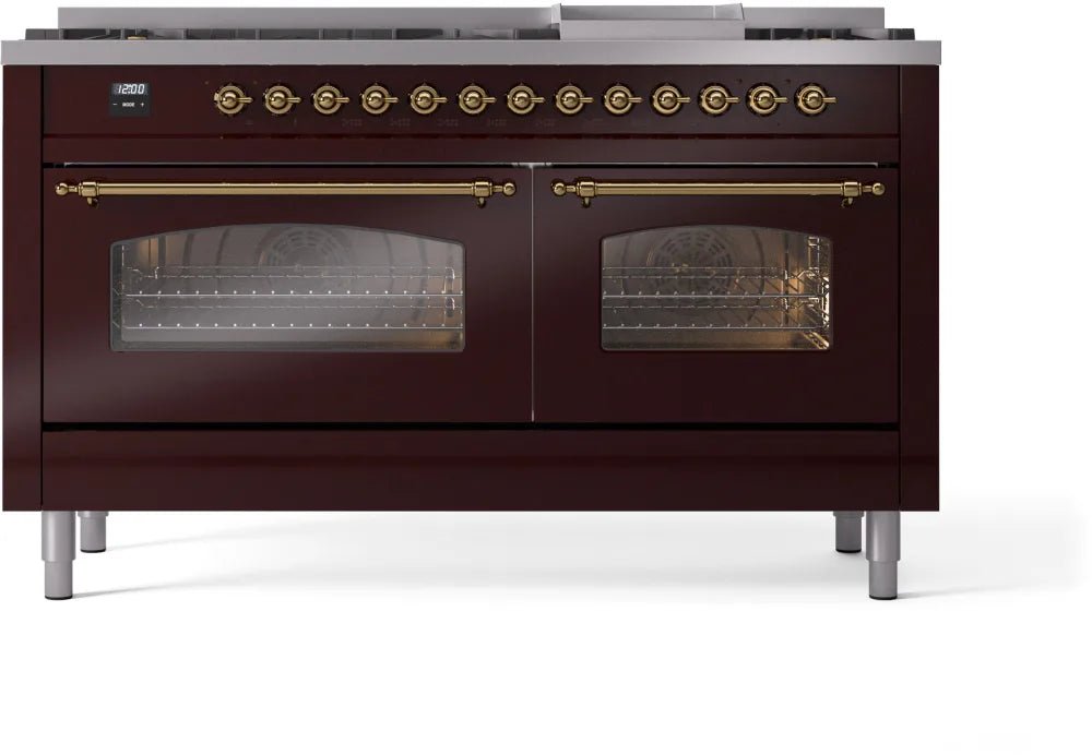 ILVE Nostalgie II 60-Inch Dual Fuel Natural Gas Range - Burgundy with Brass Trim (UP60FNMPBUG) | Professional Kitchen Stove for Home Chefs & Gourmet Cooking