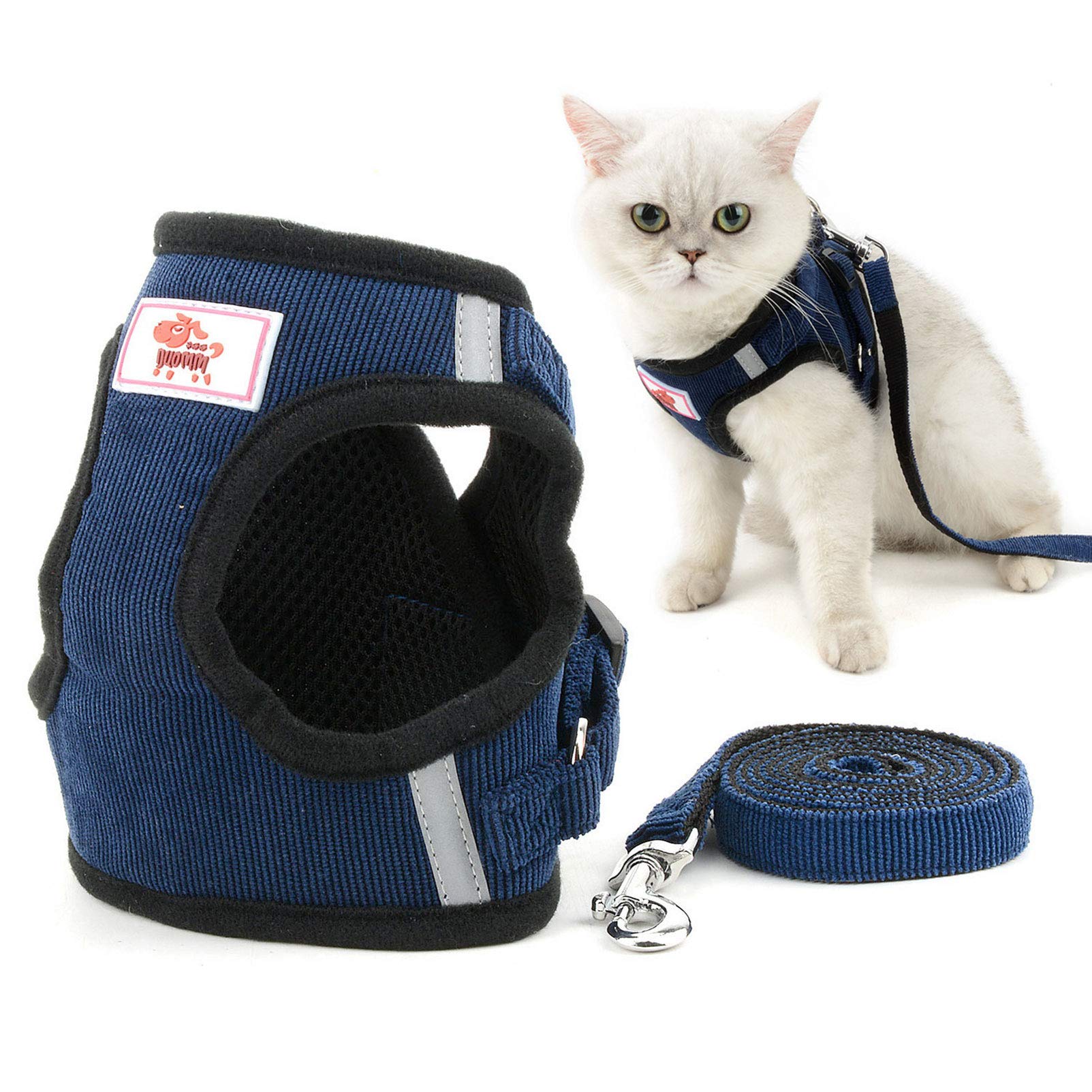 Escape-Proof Reflective Corduroy Cat Harness with Leash - Soft Mesh Padded, Adjustable No-Pull Design for Safe Walking - Blue XS - Perfect for Night Walks, Outdoor Adventures & Training Small Puppies & Kittens