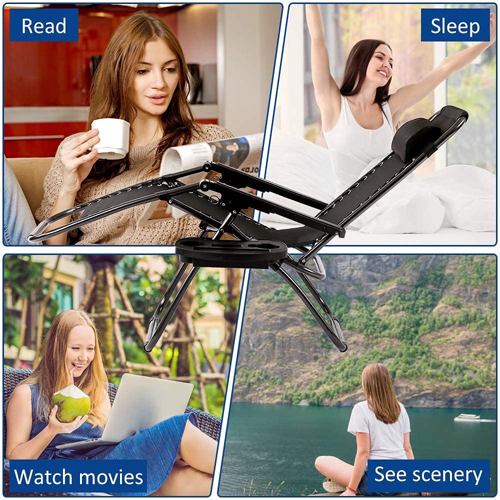 Best Folding Reclining Lounge Chair with Pillow & Cup Holder - Adjustable Massage Chair for Pool, Backyard, Beach, Patio - Comfortable Outdoor Relaxation (Black)
