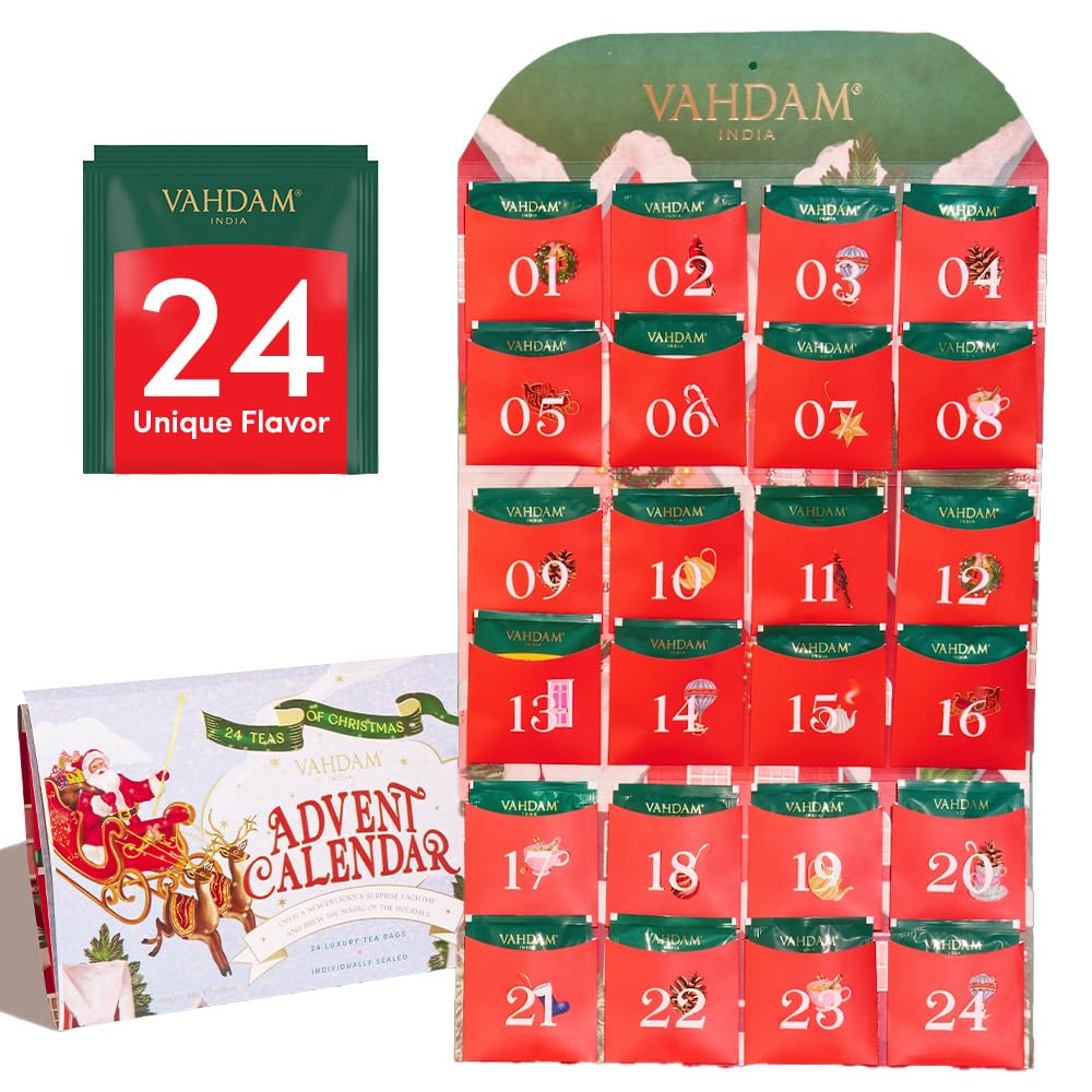 VAHDAM 2025 Advent Calendar Tea Bags Gift Set - 24 Unique Flavors Holiday Tea Collection | Premium Folding Christmas Calendar for Adults (Women & Men) | Perfect Holiday Gift, Office Treat & Cozy Winter Nights Companion